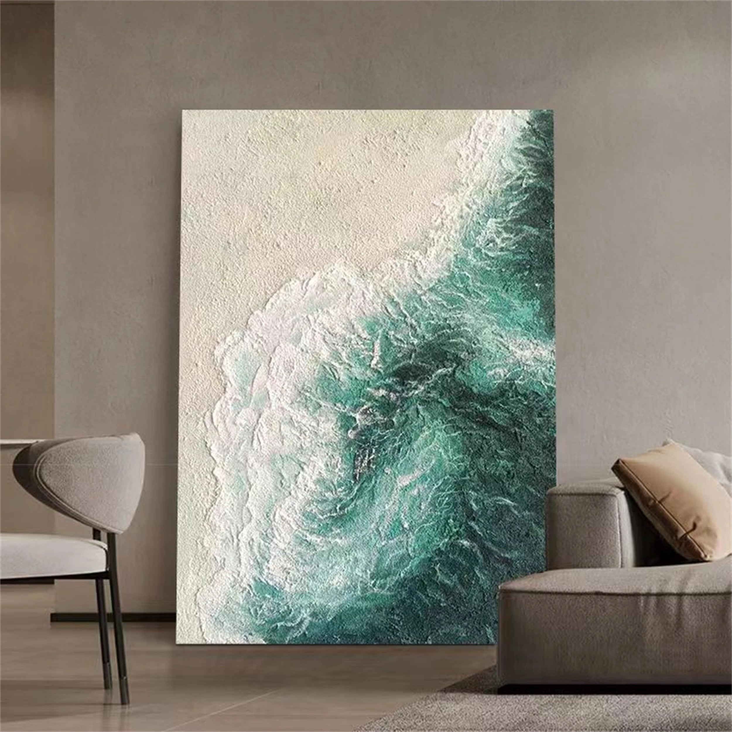 Modern Vertical Abstract Art | Textured Green Beige Painting