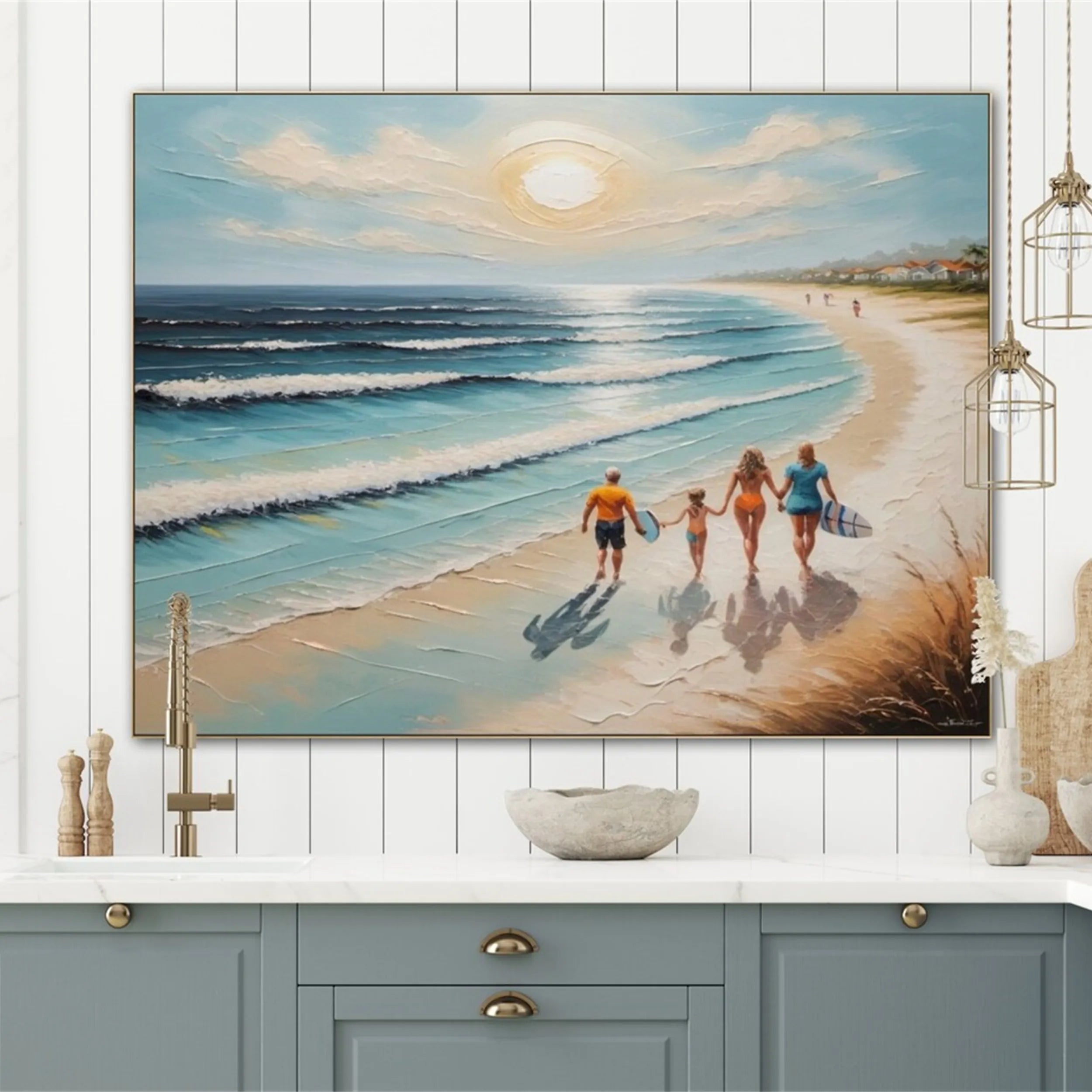 Family Beach Scene Painting – Vibrant Coastal Wall Art for Home Decor #JJ 277