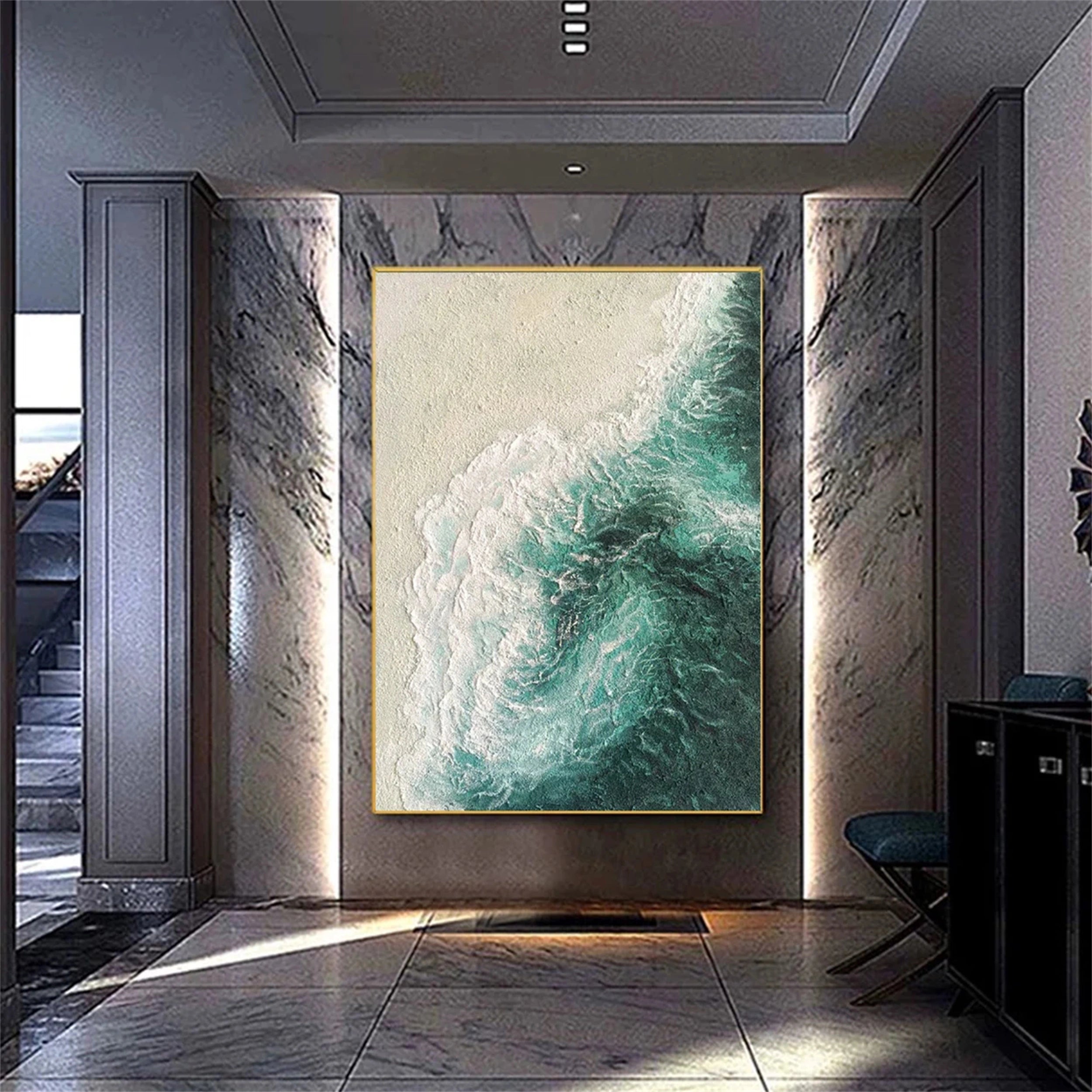 Abstract Landscape Painting | Textured Green Beige Modern Art #JJ 226