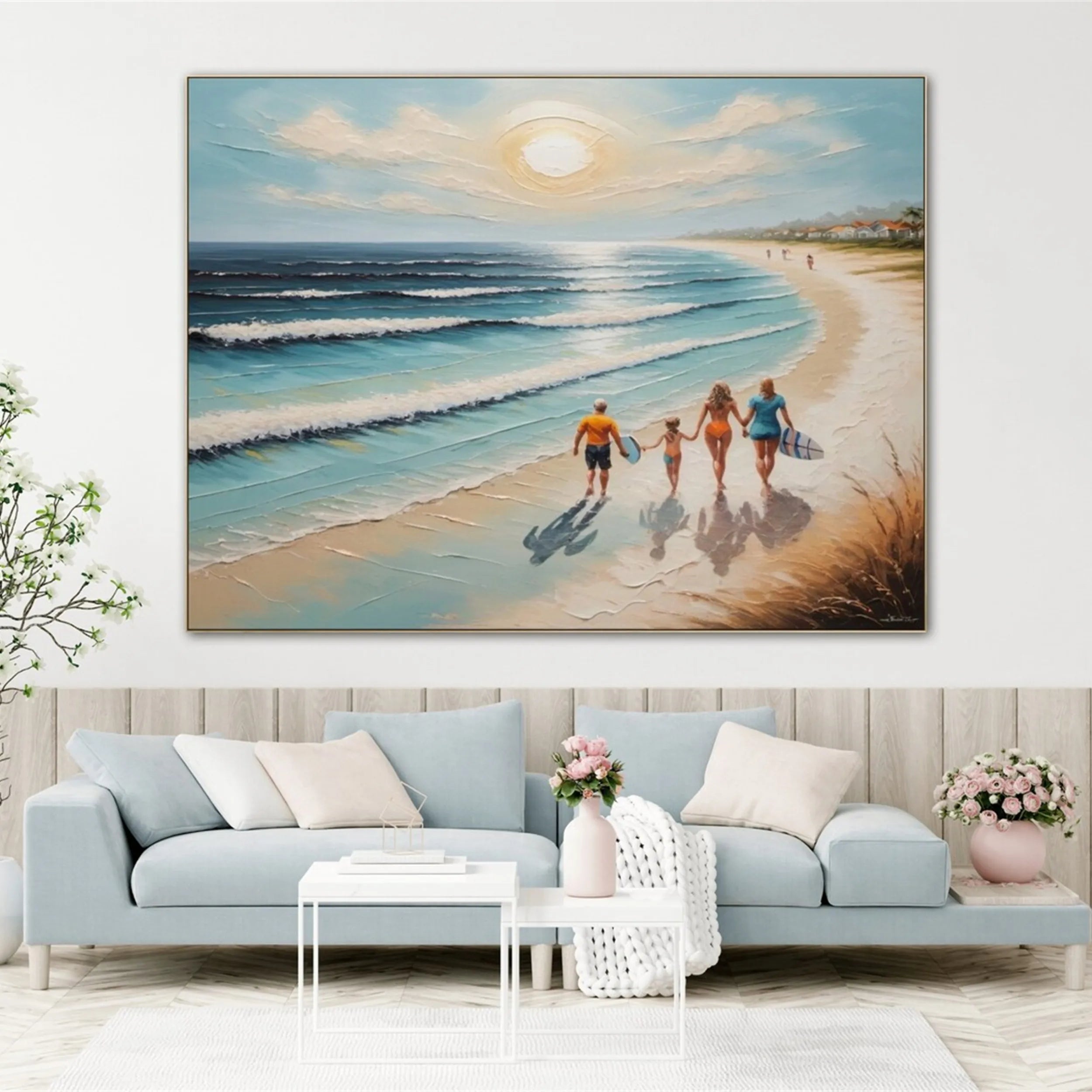 Family Beach Scene Painting – Vibrant Coastal Wall Art for Home Decor #JJ 277