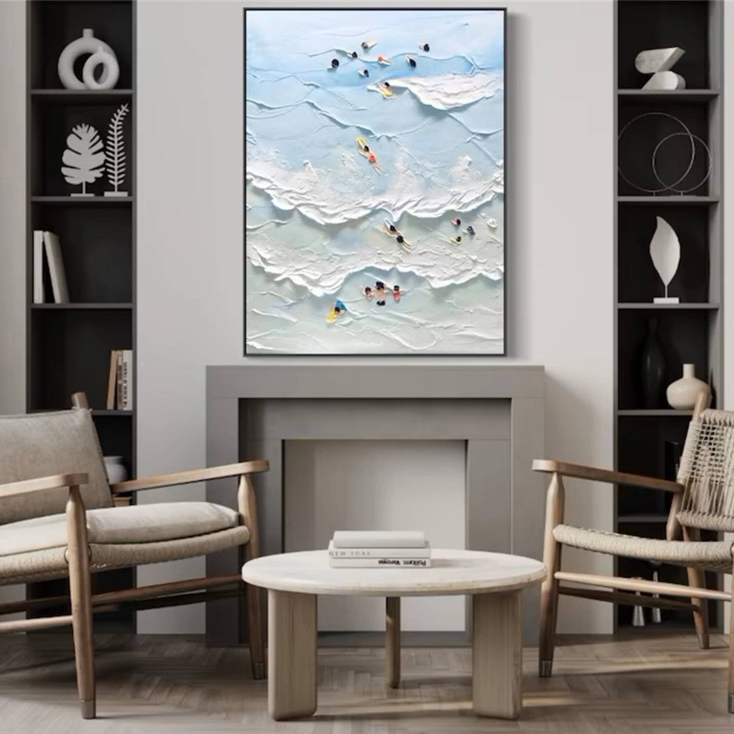 Large Vertical Ocean Wave Art | Textured Painting with Swimmers #ZZ 070