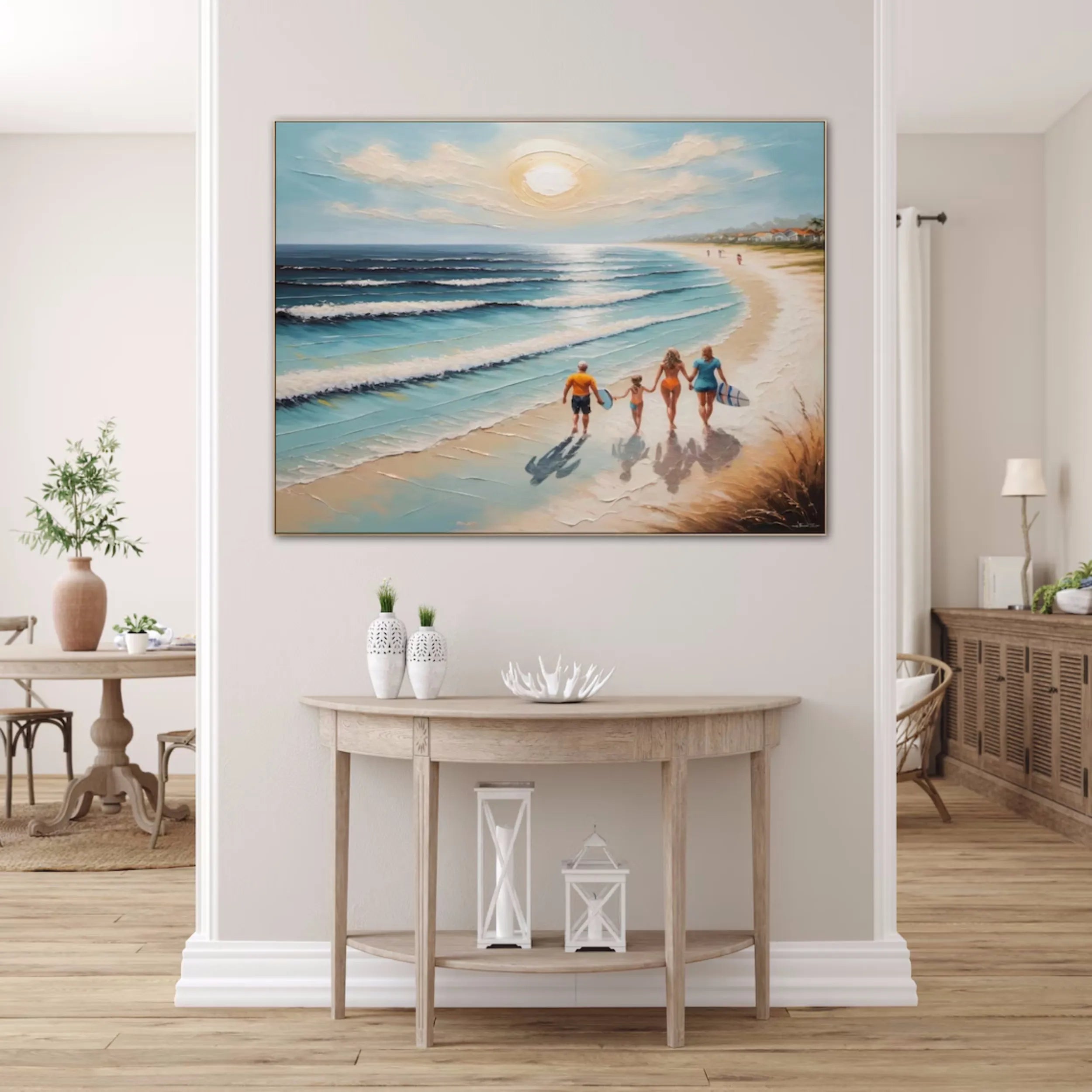 Family Beach Scene Painting – Vibrant Coastal Wall Art for Home Decor #JJ 277