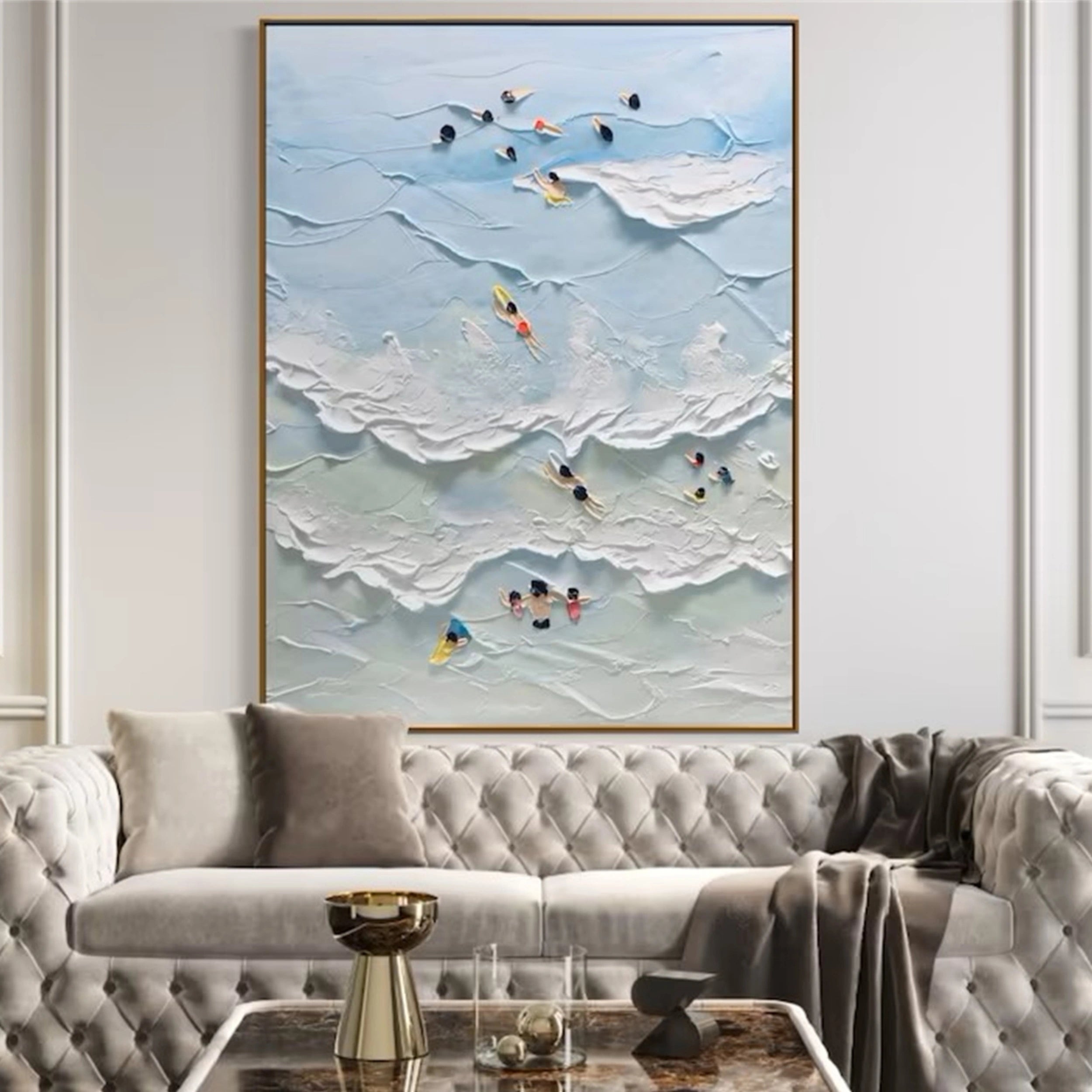 Large Vertical Ocean Wave Art | Textured Painting with Swimmers #ZZ 070