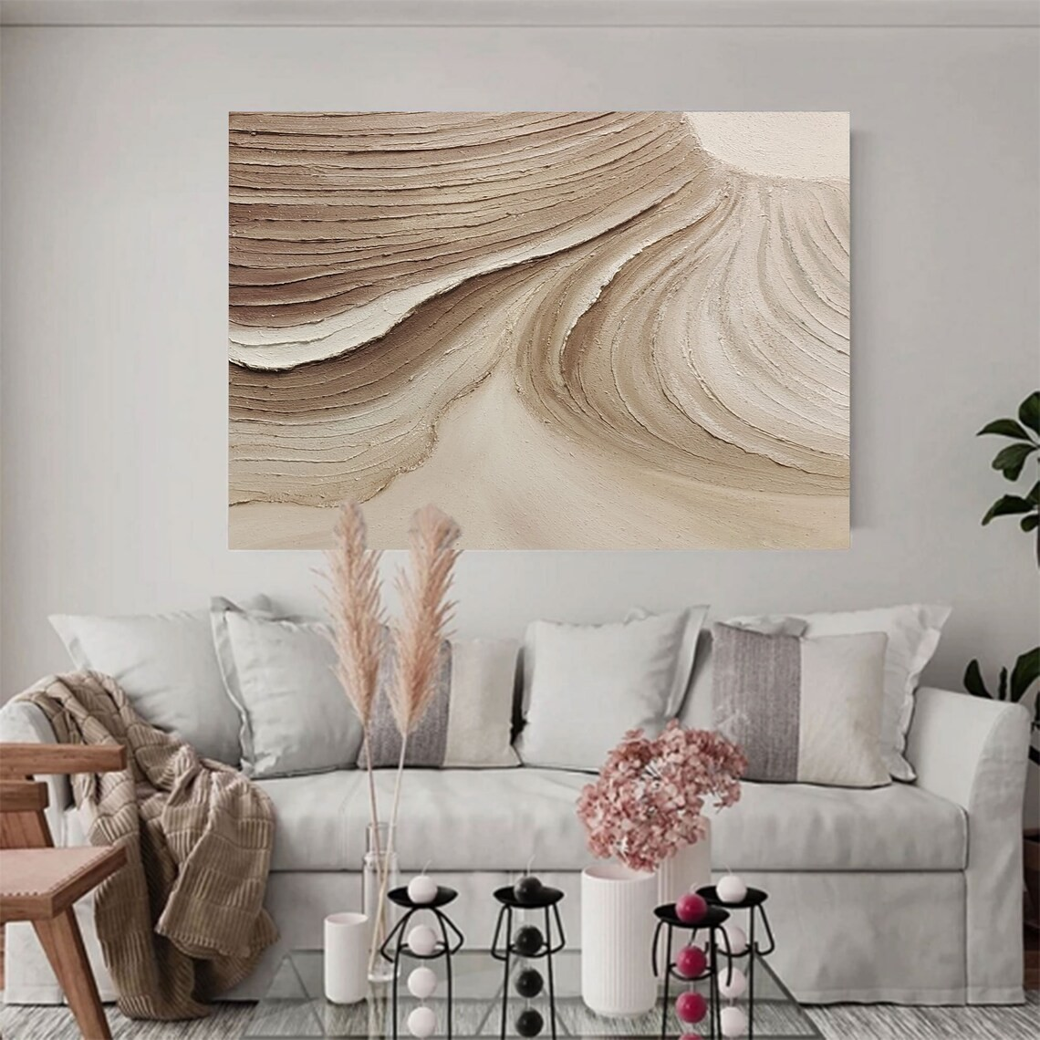 Textured Beige Abstract Oil Painting with Wave-Like Brushstrokes Wall Art  #TC 036