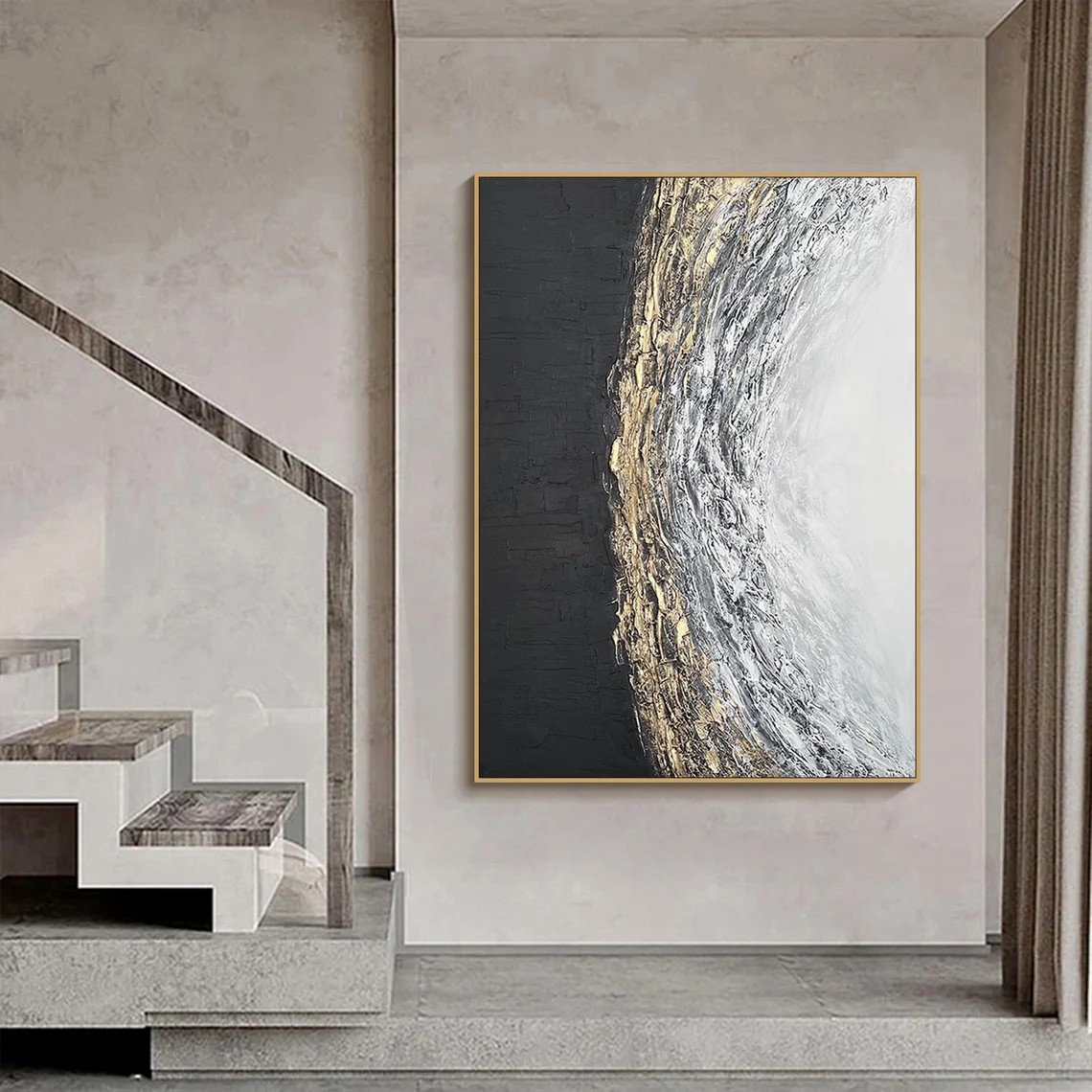 Abstract Black White Gold Oil Painting Modern Wall Art #TC 083