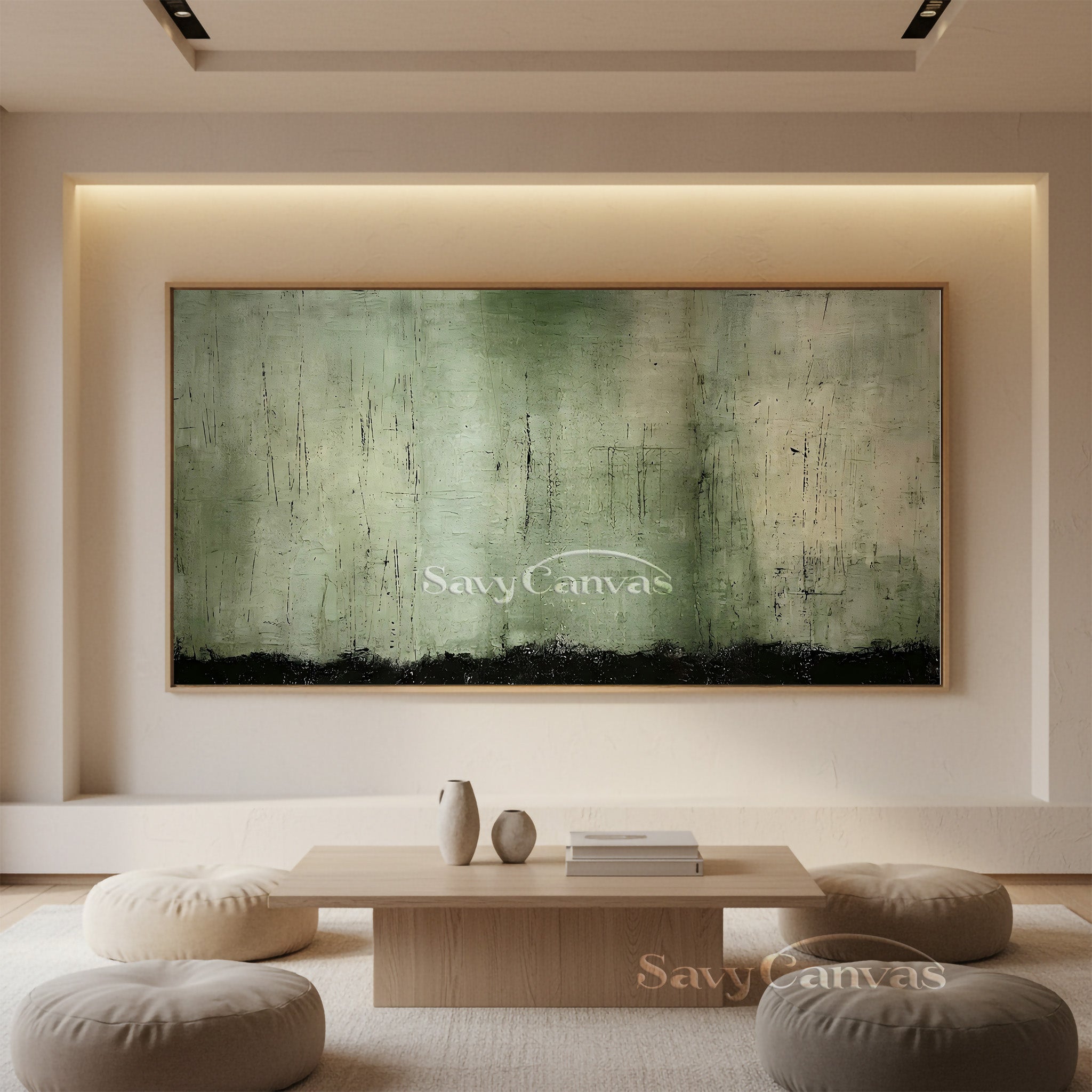 Wabi-Sabi Style Green Texture Oil Painting for Living Room #SS 031