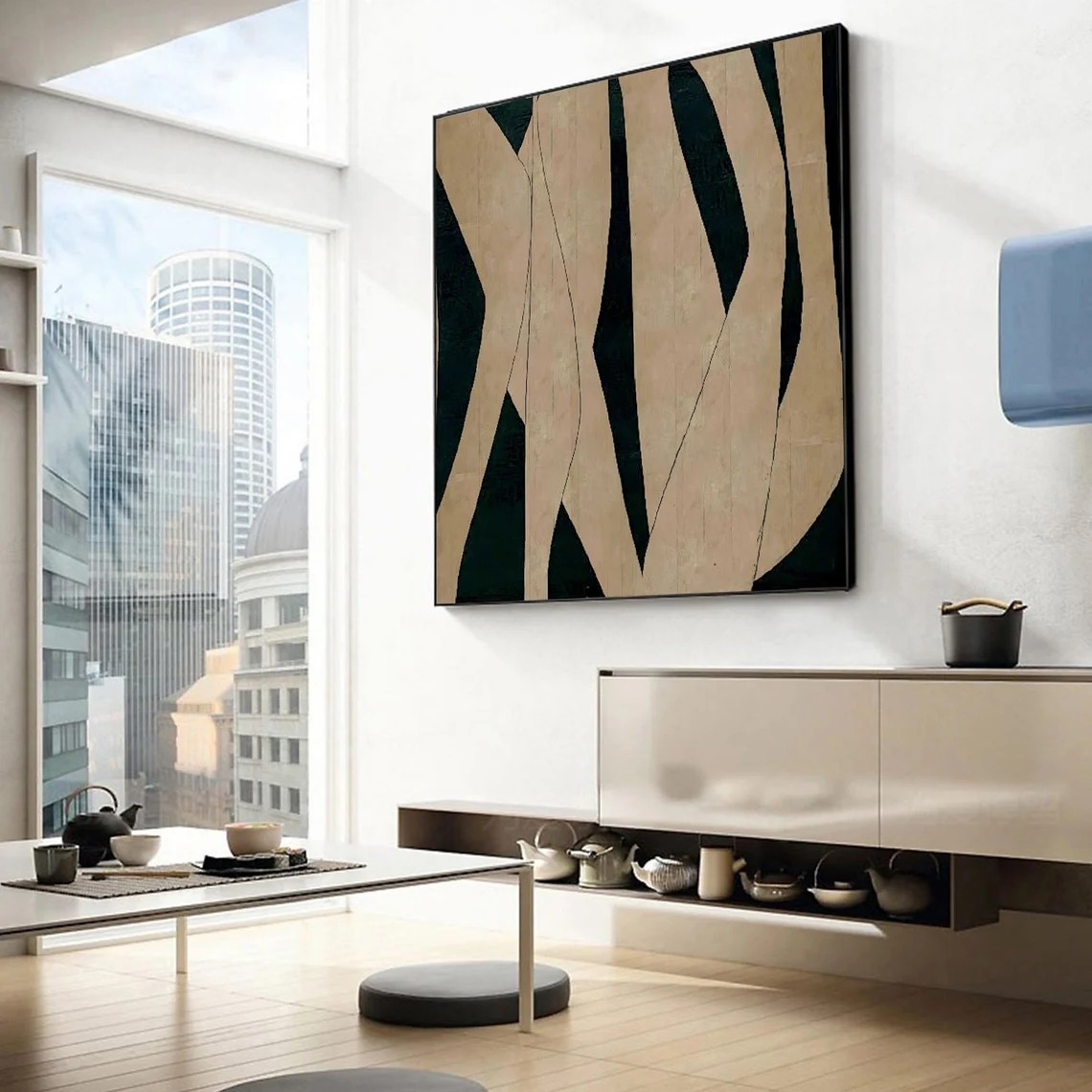 Abstract Modern Canvas Art – Flowing Lines in Black and Beige #JJ 010