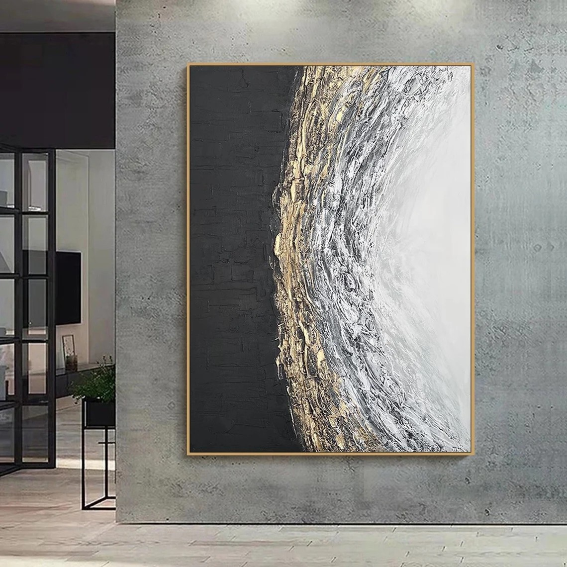 Abstract Black White Gold Oil Painting Modern Wall Art #TC 083