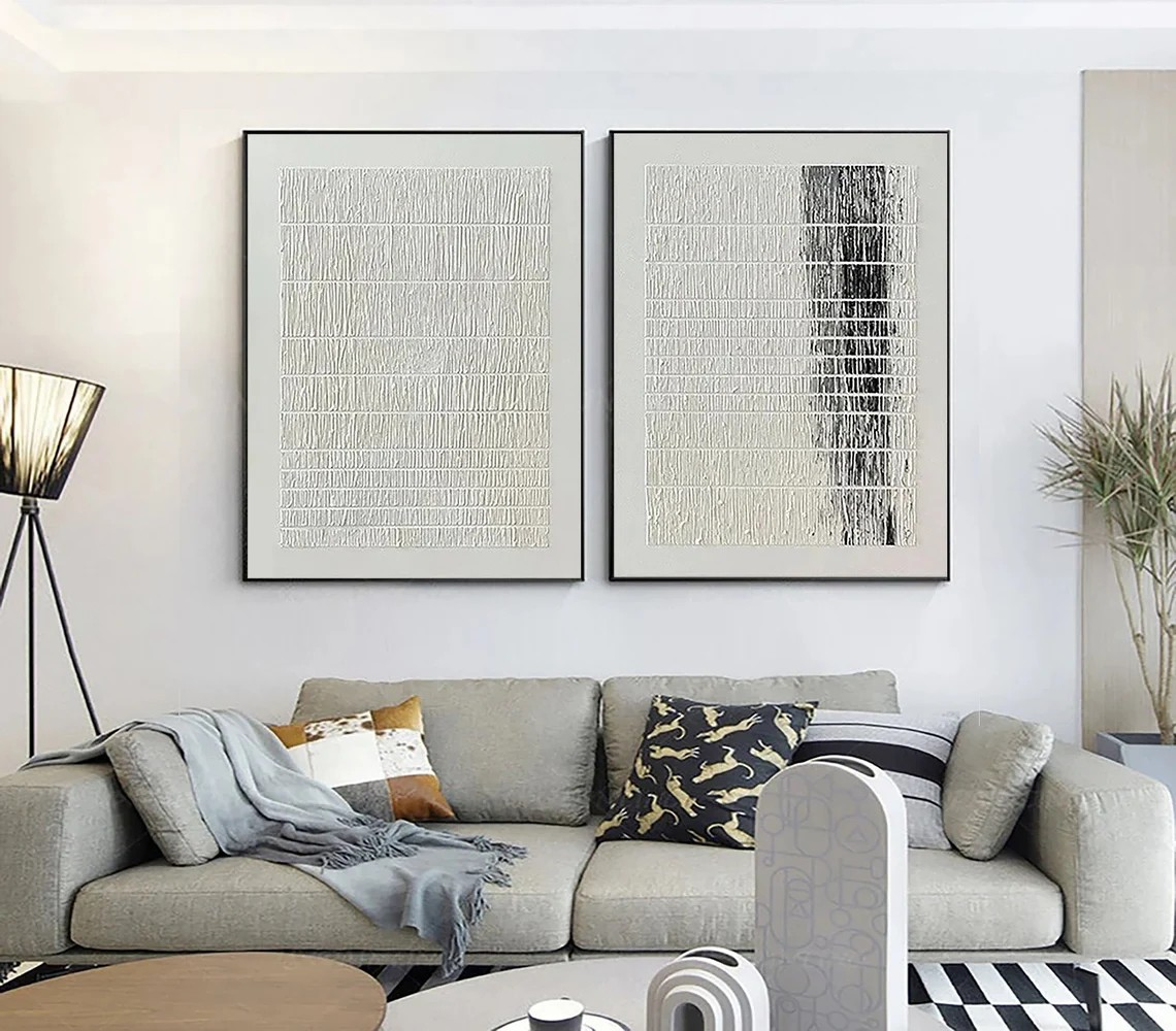Minimalist Textured Line Abstract Diptych - Black & White Art #JJ 027