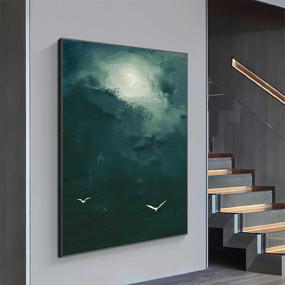 Dark Teal Abstract Oil Painting with Moon and Birds Wall Art  #TC 029