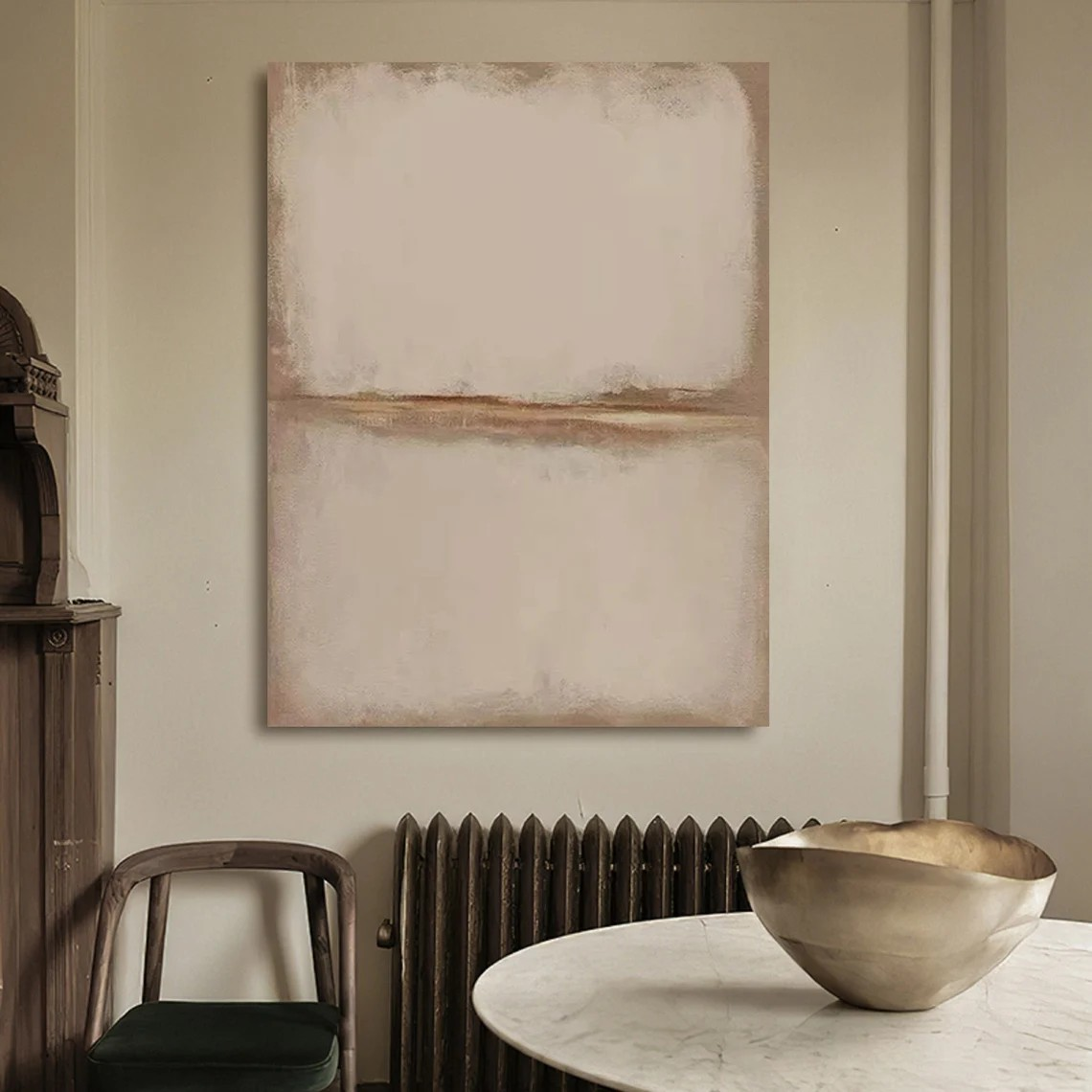Large Abstract Beige Oil Painting with Horizon Line for Minimalist Decor #TC 019