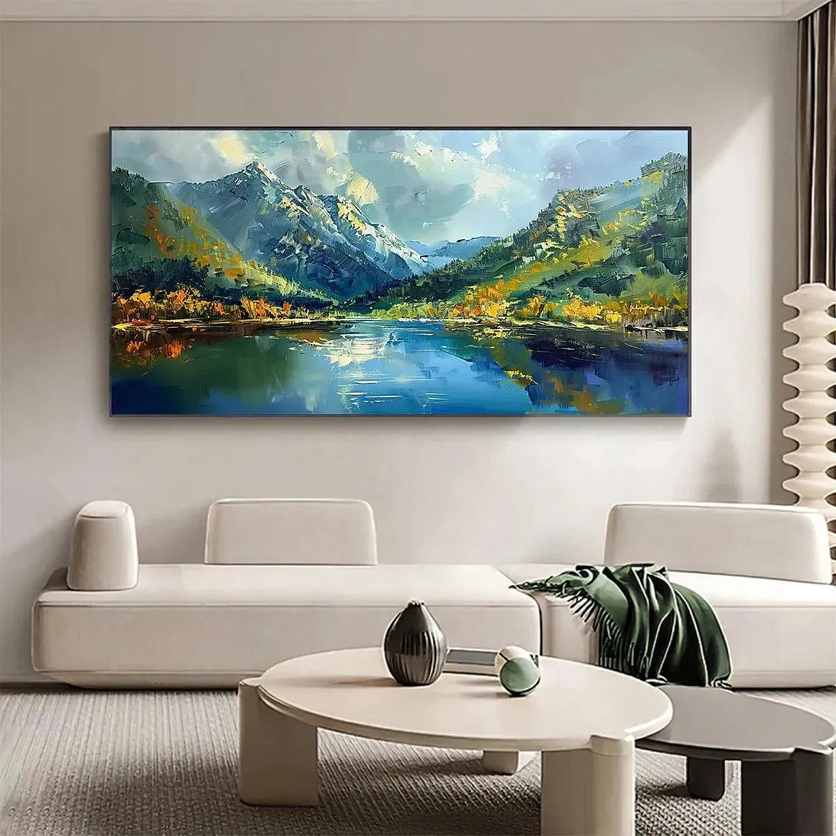 Panoramic Mountain Lake Oil Painting | Reflective Landscape Art