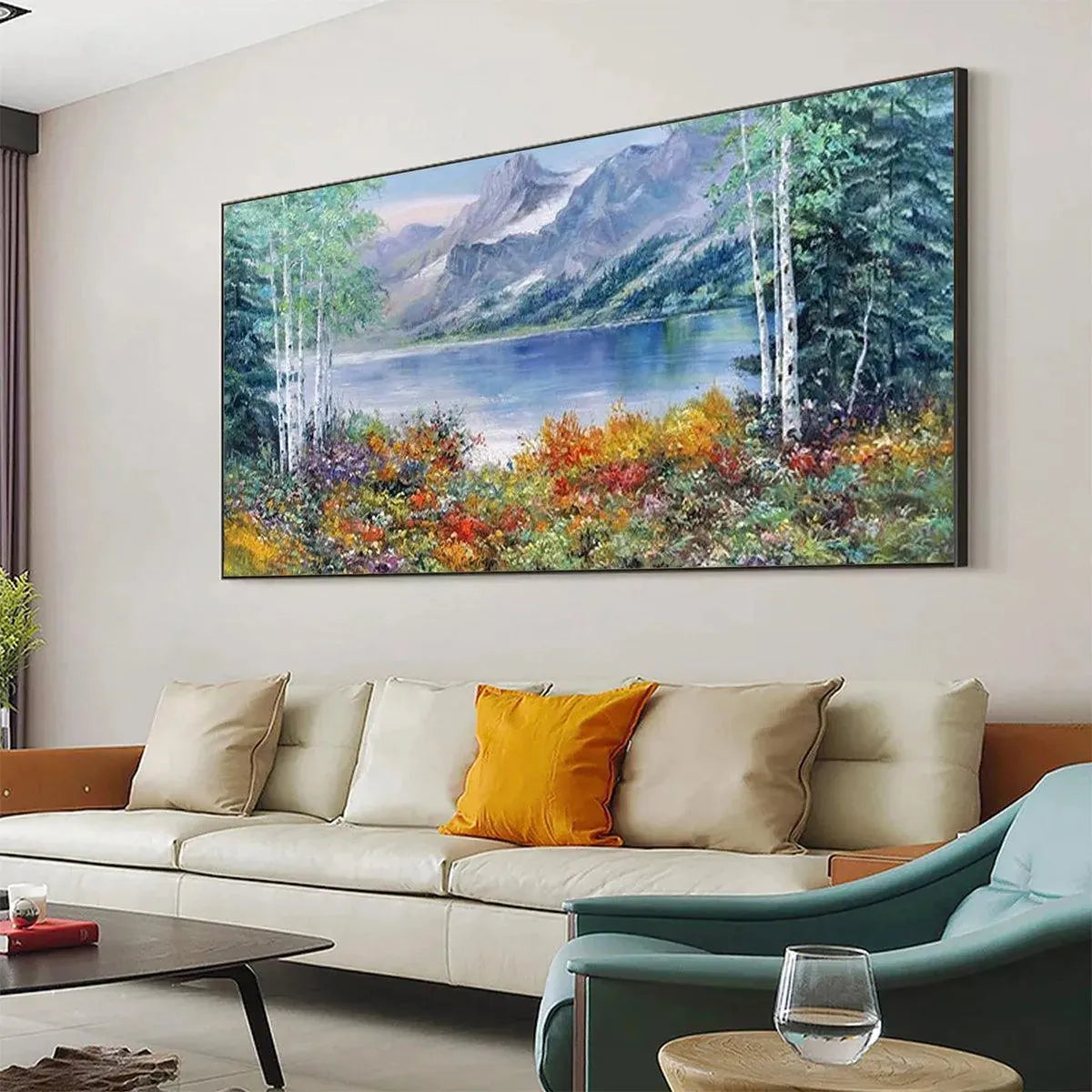 Large Lake and Mountain Oil Painting – Scenic Autumn Wall Decor #TC 247