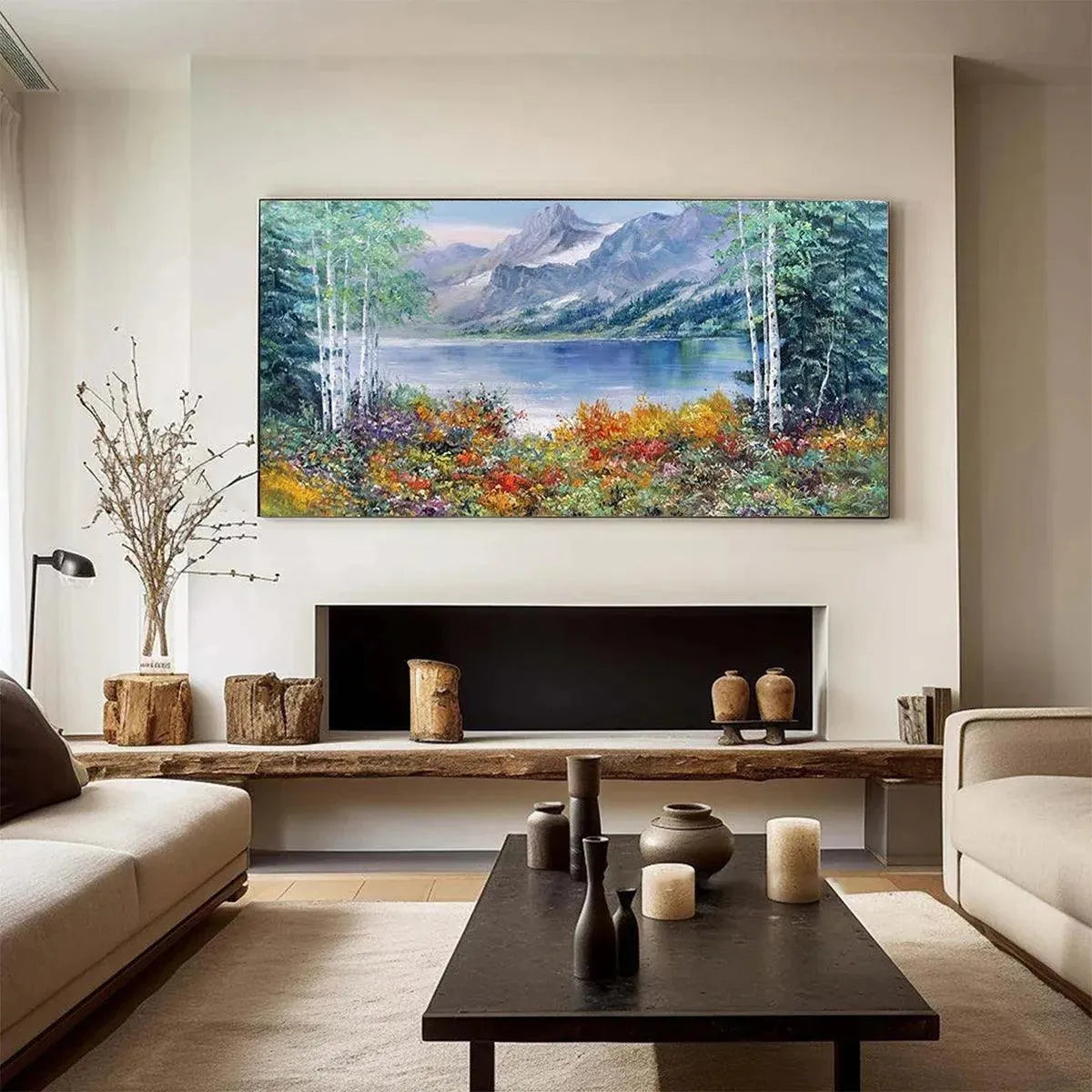 Large Lake and Mountain Oil Painting – Scenic Autumn Wall Decor #TC 247