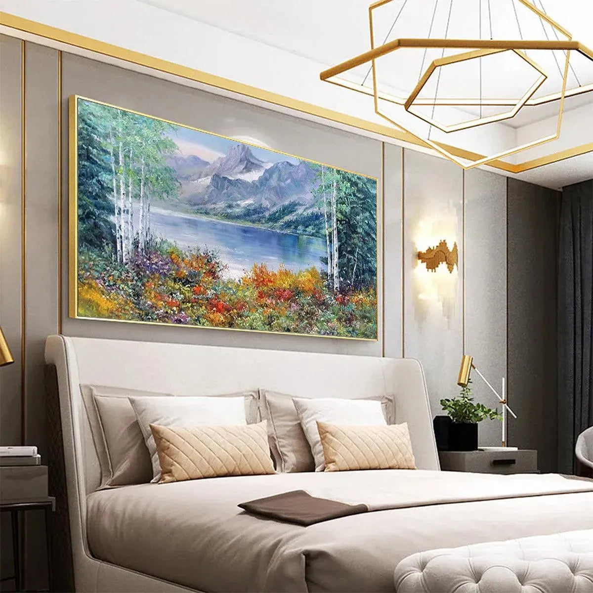 Large Lake and Mountain Oil Painting – Scenic Autumn Wall Decor #TC 247