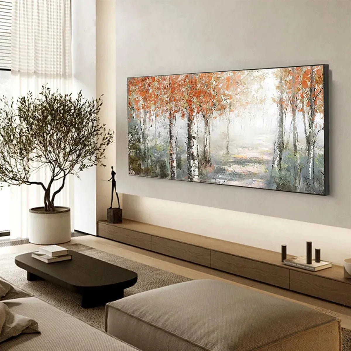 Hand-Painted Autumn Birch Tree Forest Canvas Art #TC 263