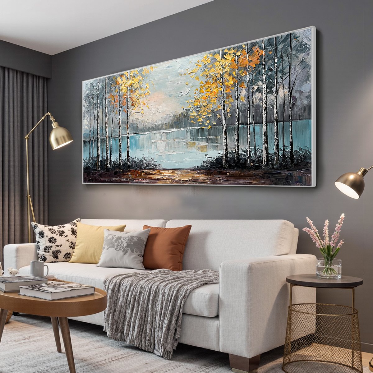 Textured Birch Tree Lake Painting | Impasto Wall Art #TC 264