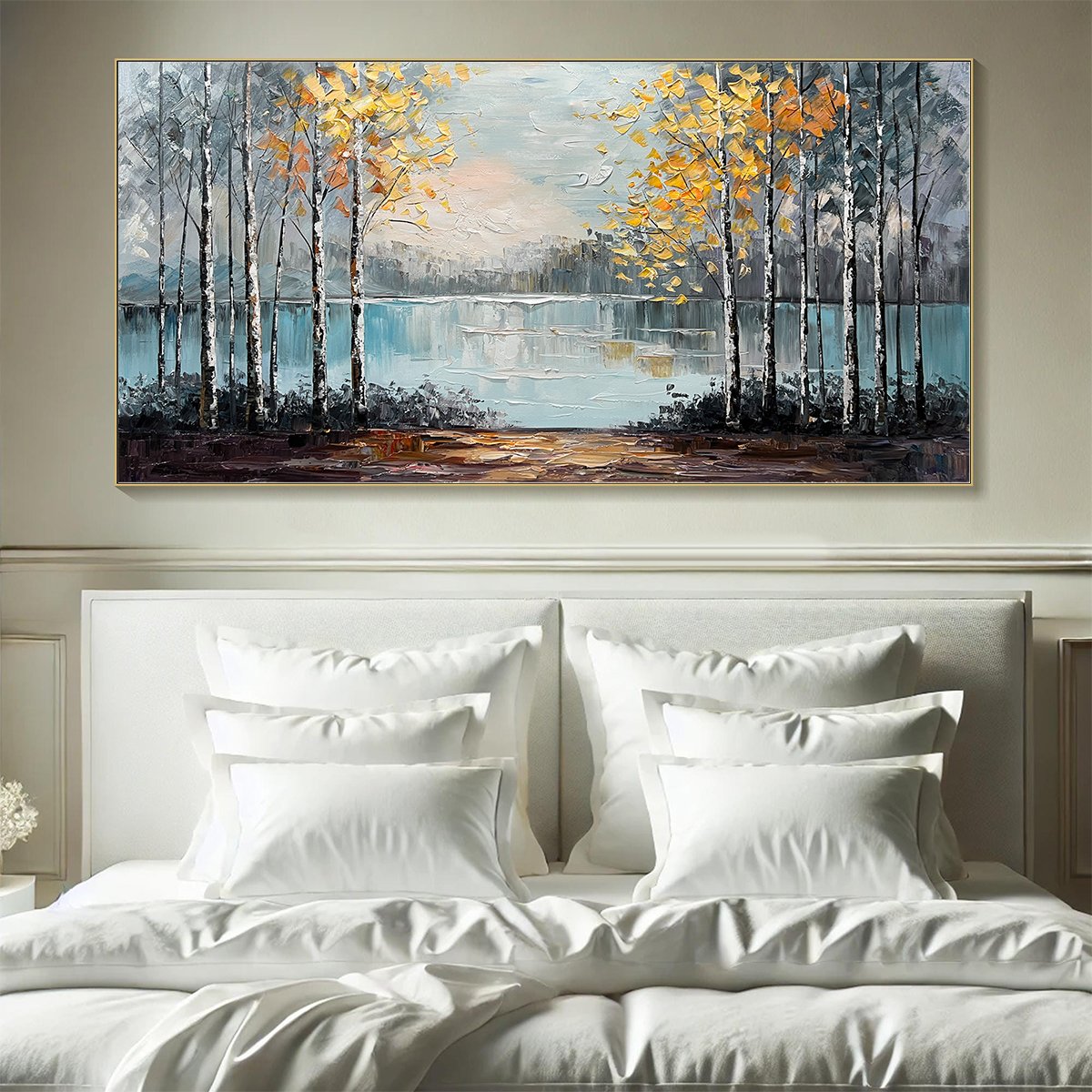 Textured Birch Tree Lake Painting | Impasto Wall Art #TC 264