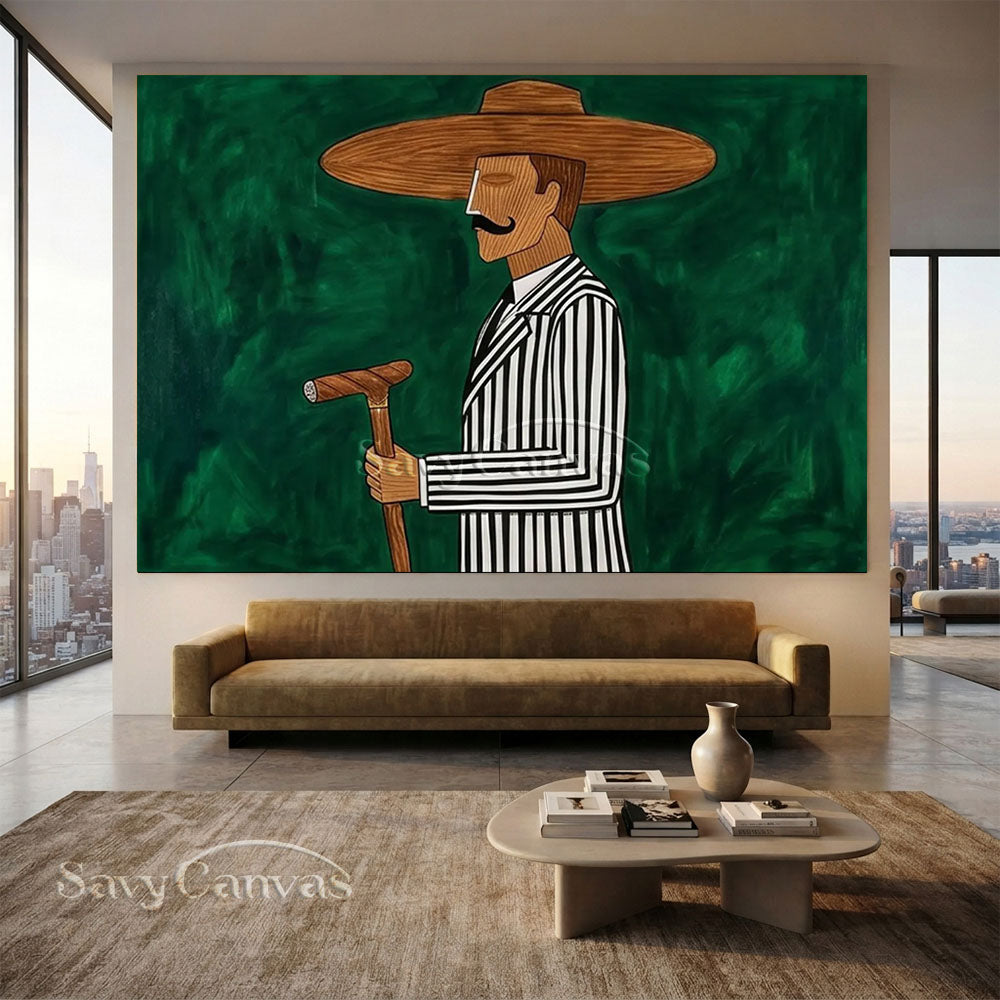 Abstract Cowboy Oil Painting | Green Retro Canvas Wall Art #ZC 019