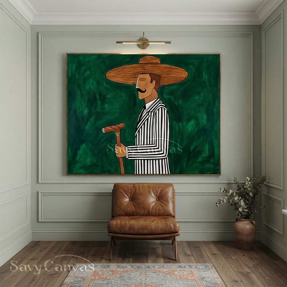 Abstract Cowboy Oil Painting | Green Retro Canvas Wall Art #ZC 019