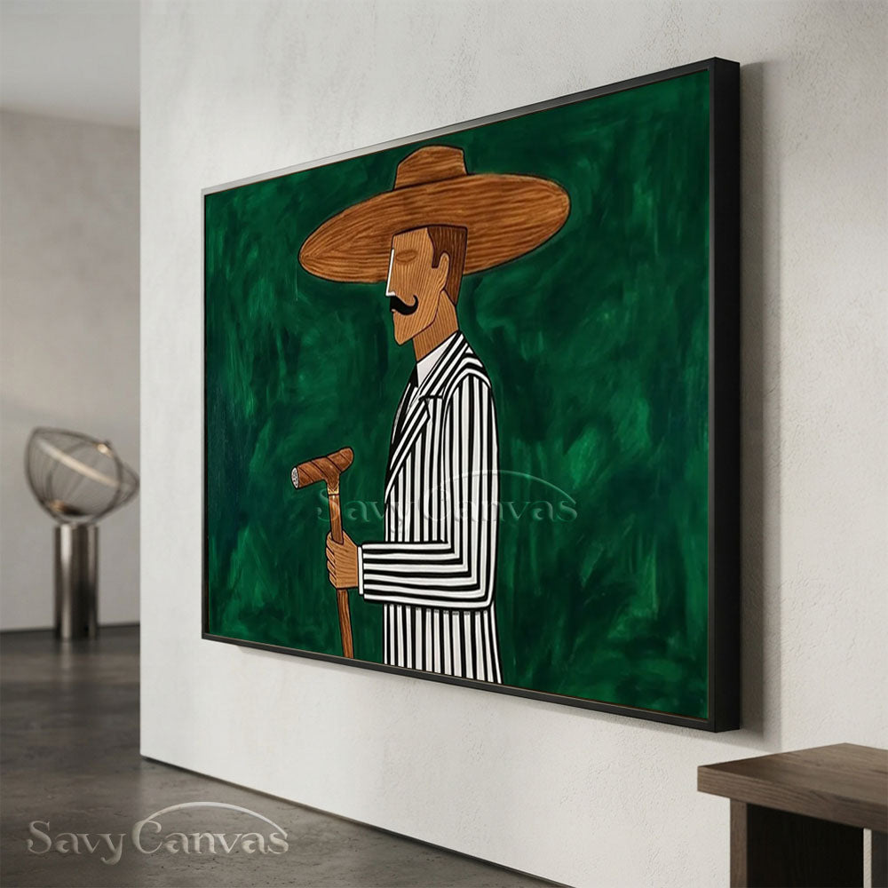 Abstract Cowboy Oil Painting | Green Retro Canvas Wall Art #ZC 019