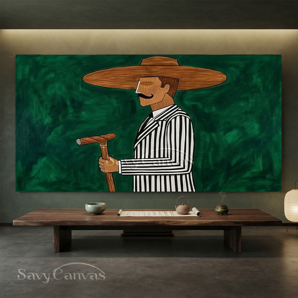 Abstract Cowboy Oil Painting | Green Retro Canvas Wall Art #ZC 019