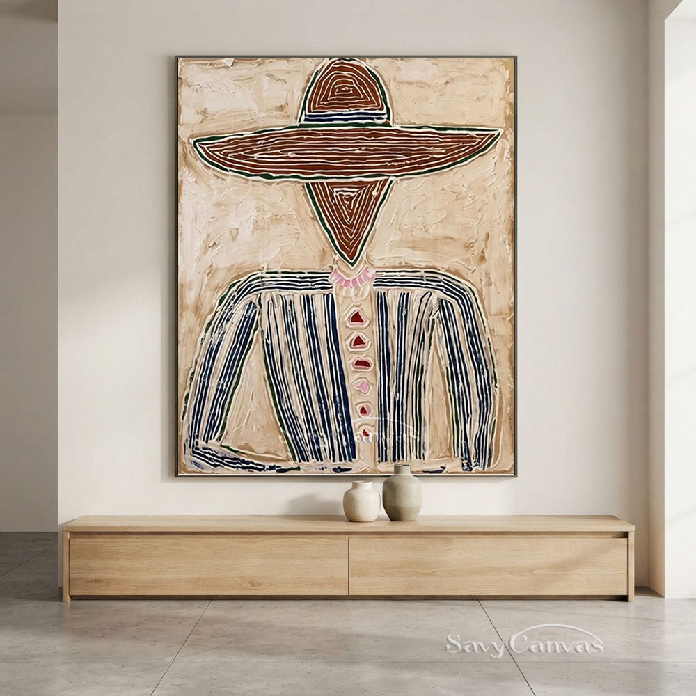 Abstract Cowboy Oil Painting Textured Beige Wall Art #SS 205