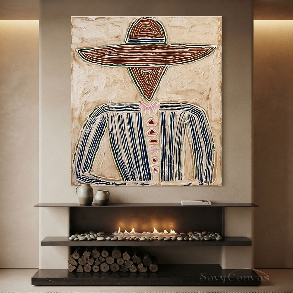 Abstract Cowboy Oil Painting Textured Beige Wall Art #SS 205