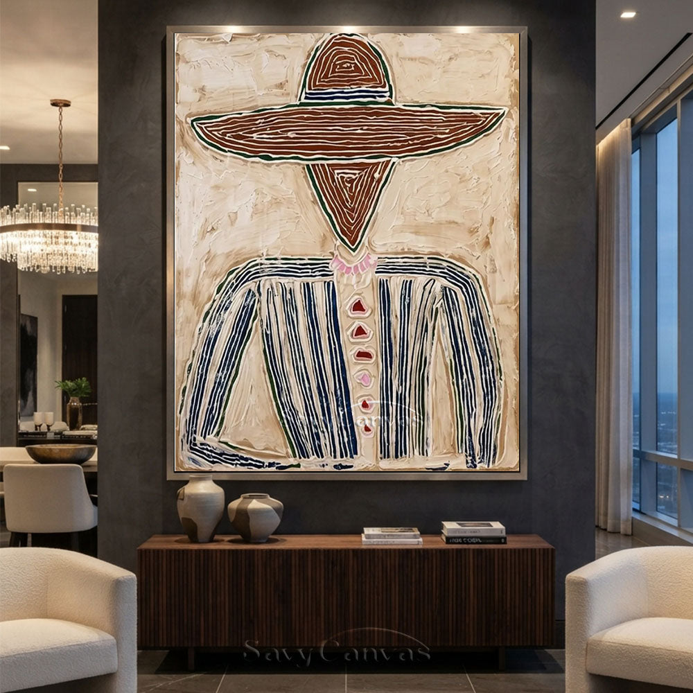 Abstract Cowboy Oil Painting Textured Beige Wall Art #SS 205