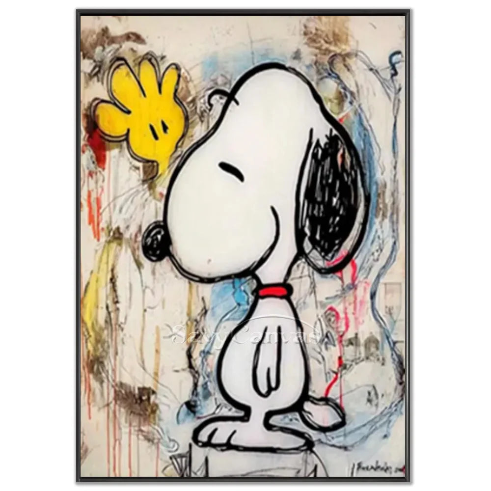 Hand-painted pop art abstract graffiti Snoopy oil painting on canvas by Savy Canvas, featuring a large, iconic Snoopy character against a vibrant, multi-colored textured background. Modern street art wall decor, ready to hang.