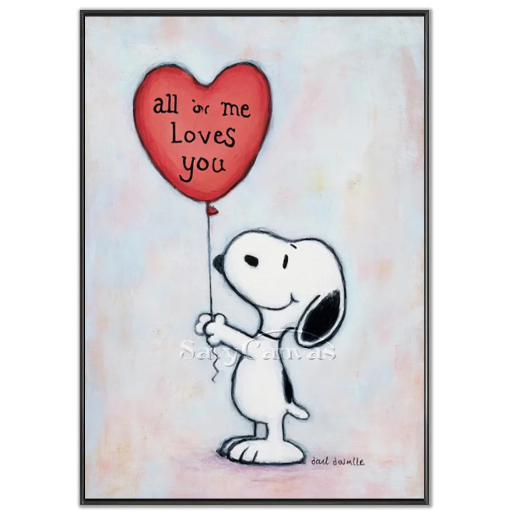 Hand-painted pop art romantic Snoopy oil painting on canvas by Savy Canvas, featuring the iconic Snoopy character holding a large red heart balloon inscribed with tender love words. Warm and cozy wall decor, ready to hang.