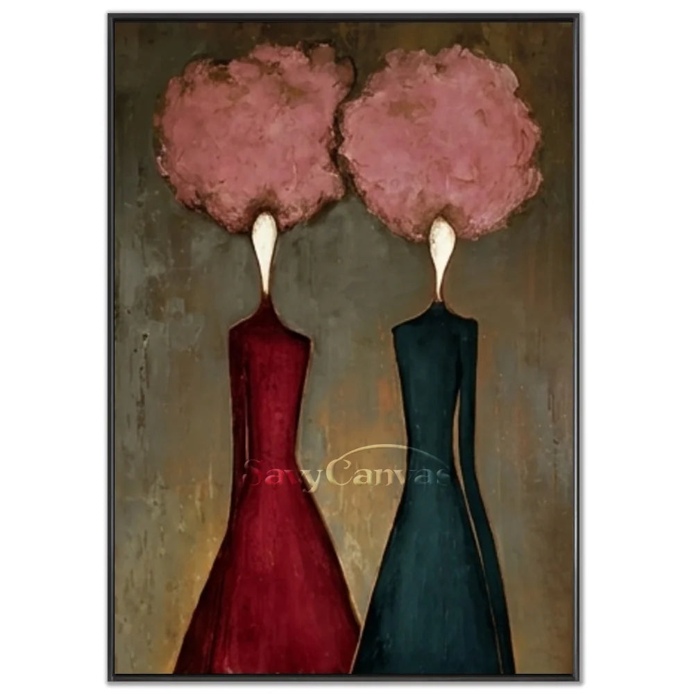 Hand-painted abstract expressionist oil painting featuring two elegant figures with pink floral heads in burgundy and dark green tones by Savy Canvas.