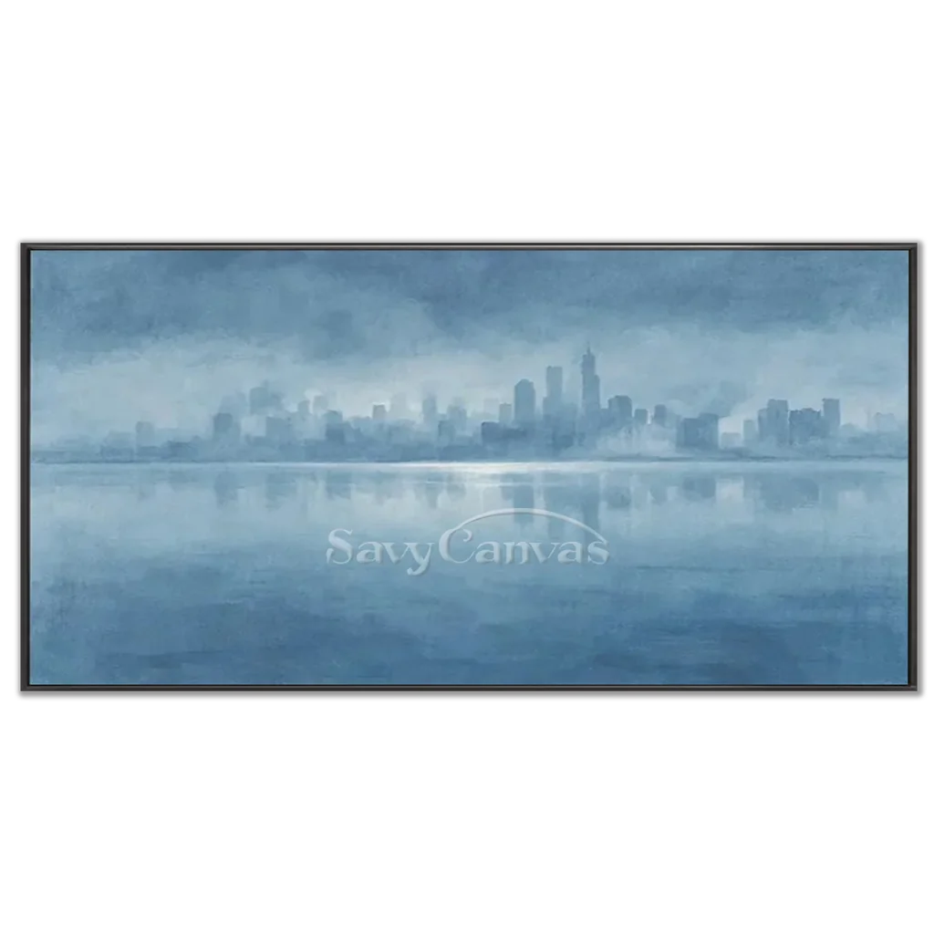 Hand Painted Blue Abstract Cityscape Skyline Canvas Oil Painting #ZC 65
