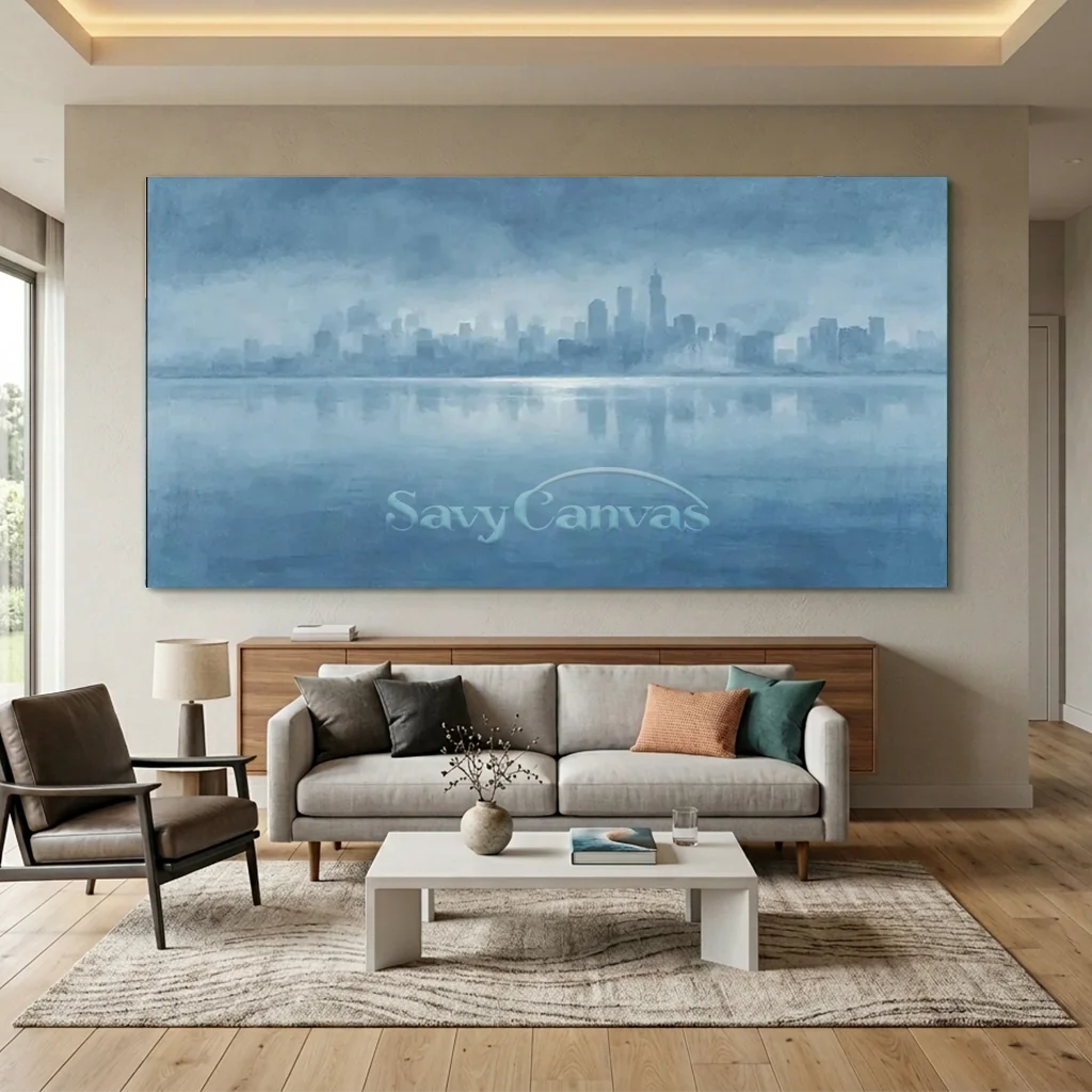 Hand-painted abstract blue cityscape oil painting on canvas featuring a hazy city skyline and misty water reflection for living room wall decor.