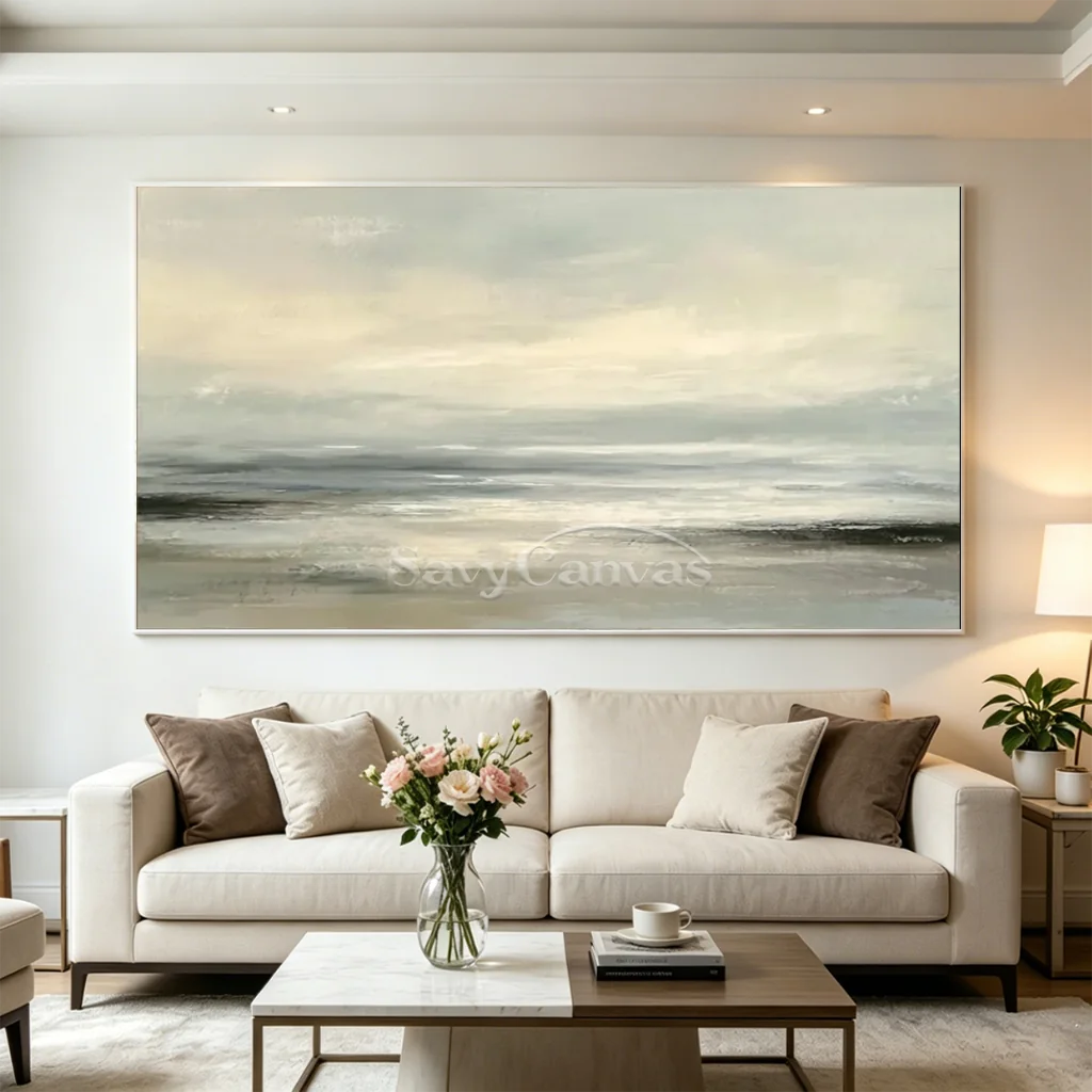 Hand-painted abstract ocean seascape oil painting on canvas featuring a misty horizon with soft neutral beige, grey, and blue brushstrokes for modern room decor.