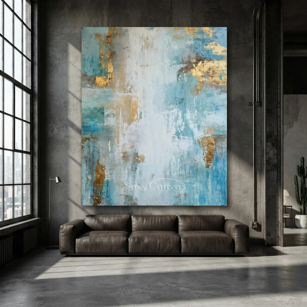 Hand-Painted Abstract Blue Gold Textured Oil Painting #ZC 40