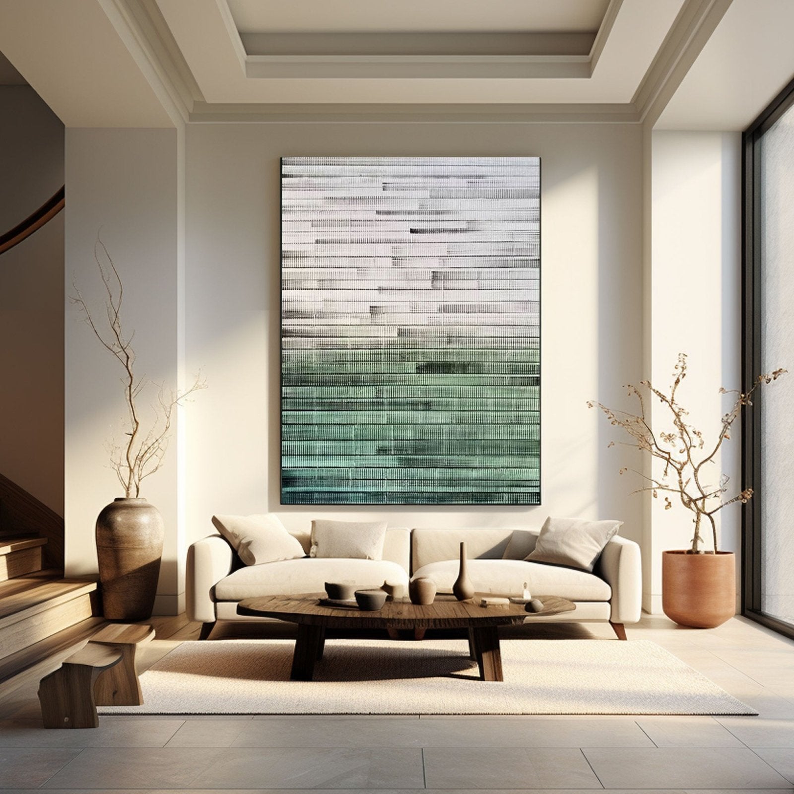 Large Abstract Canvas Art with Green and White Tones #TC 198