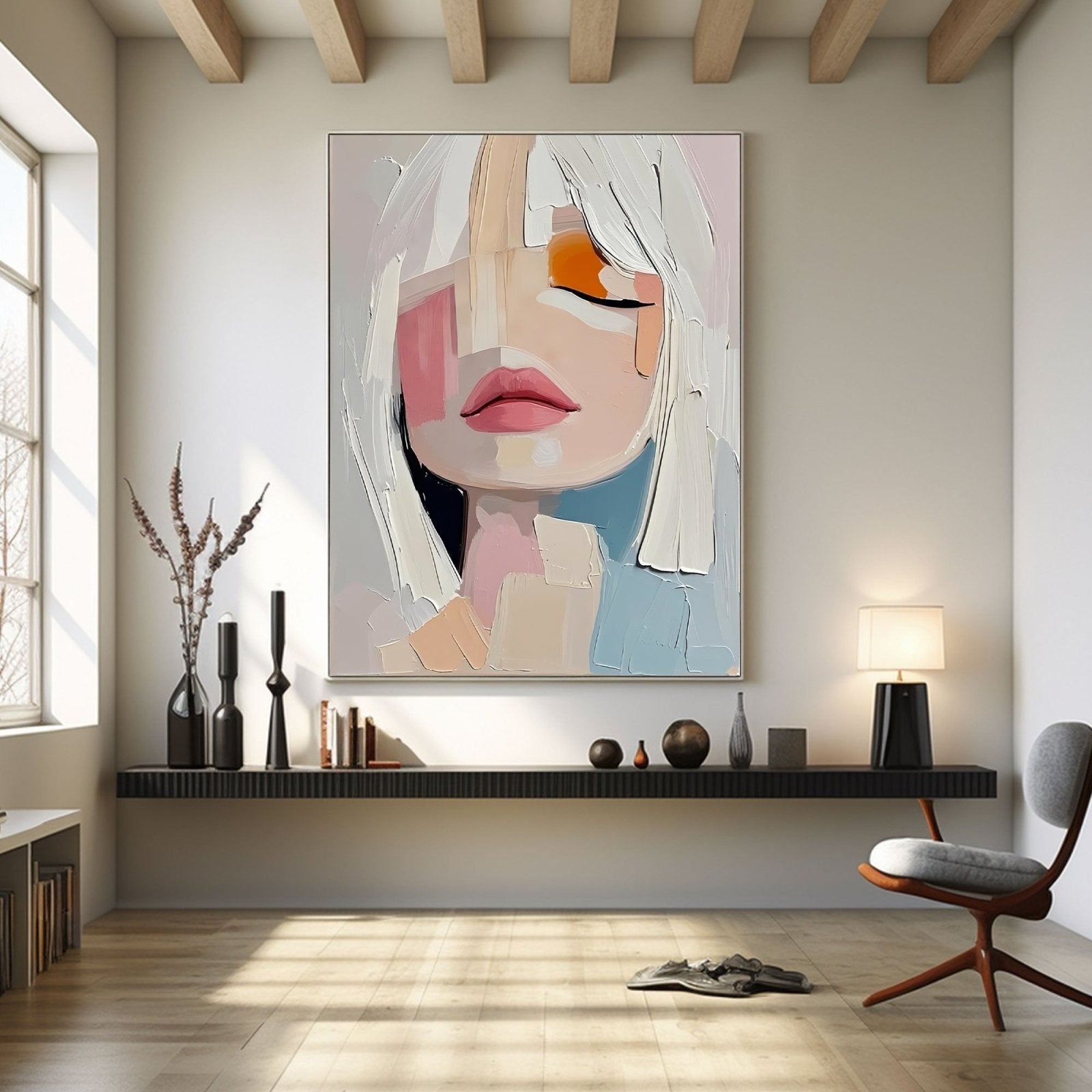 Pastel Abstract Woman Portrait Canvas | Soft Pink & Blue Wall Art #AA 441