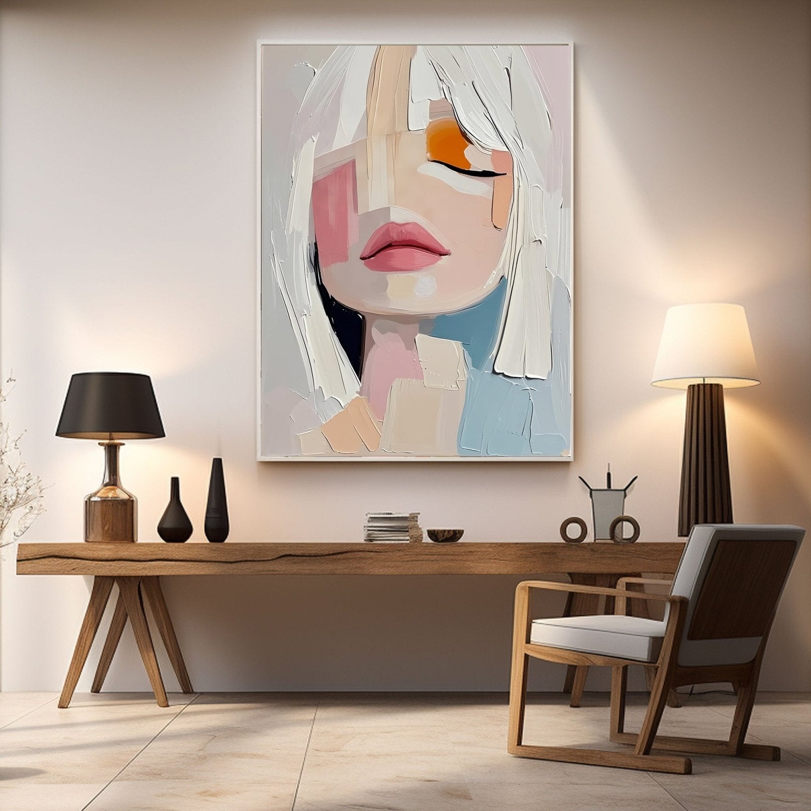 Pastel Abstract Woman Portrait Canvas | Soft Pink & Blue Wall Art #AA 441