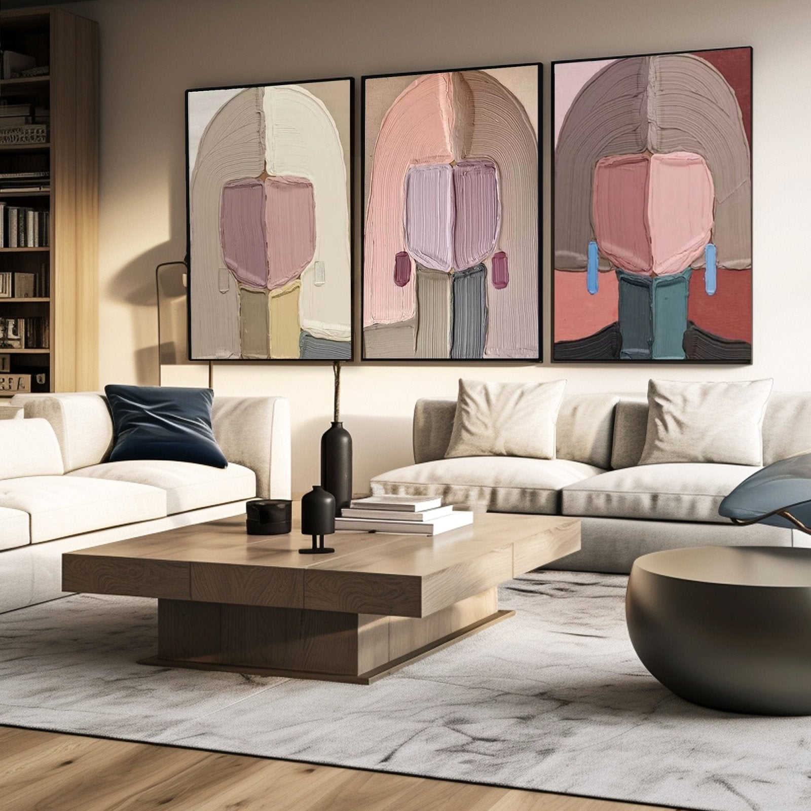 Pastel Abstract Portrait Set of 3 | Pink & Beige Canvas Art #AA 448