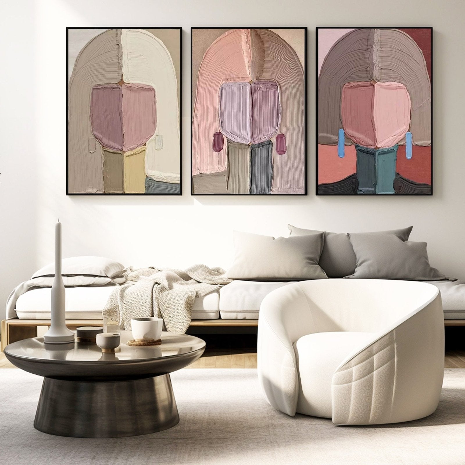 Pastel Abstract Portrait Set of 3 | Pink & Beige Canvas Art #AA 448