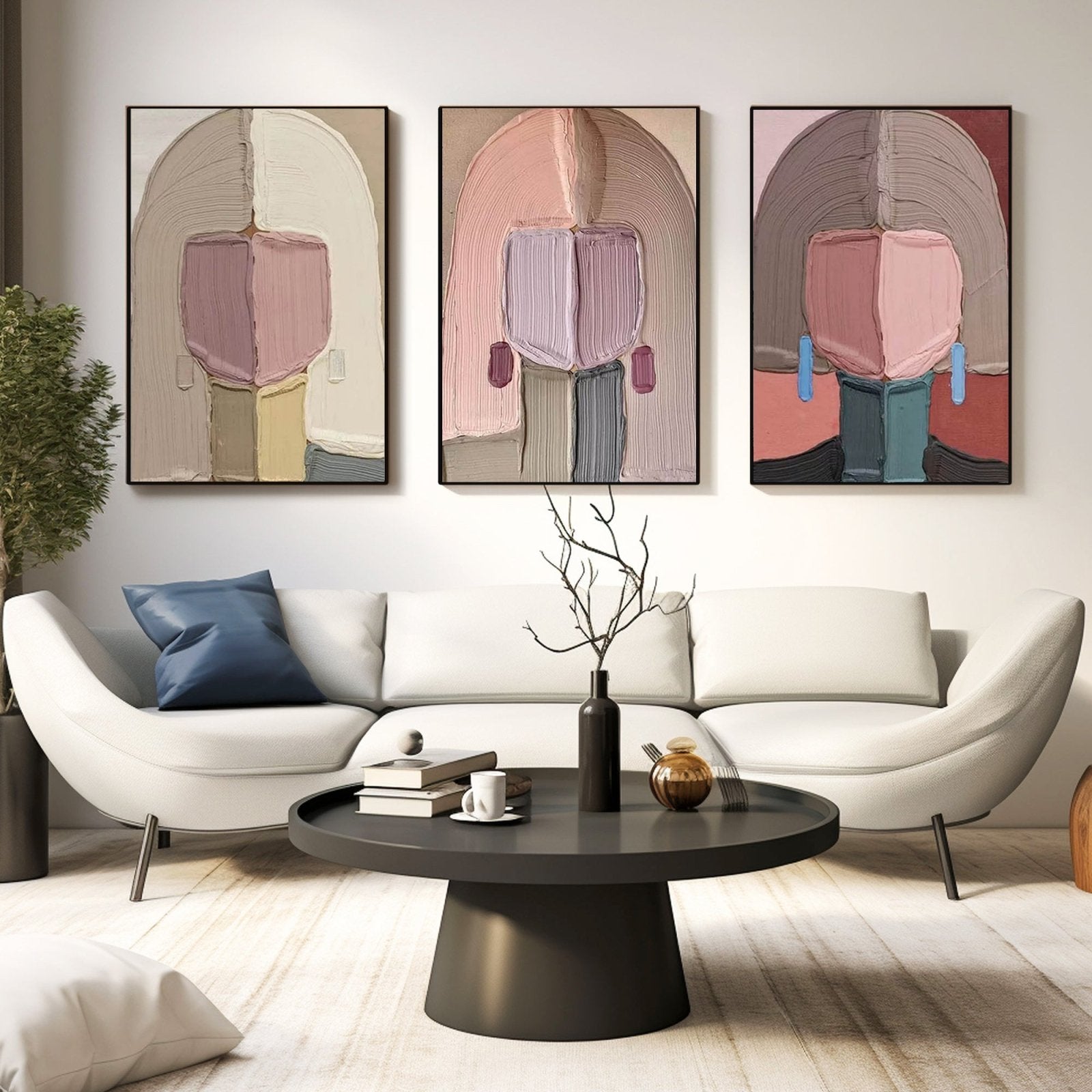 Pastel Abstract Portrait Set of 3 | Pink & Beige Canvas Art #AA 448