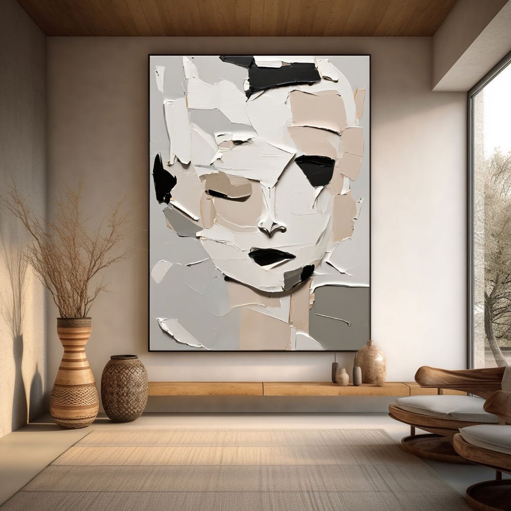 Hand-Painted Textured Portrait | Neutral Abstract Art