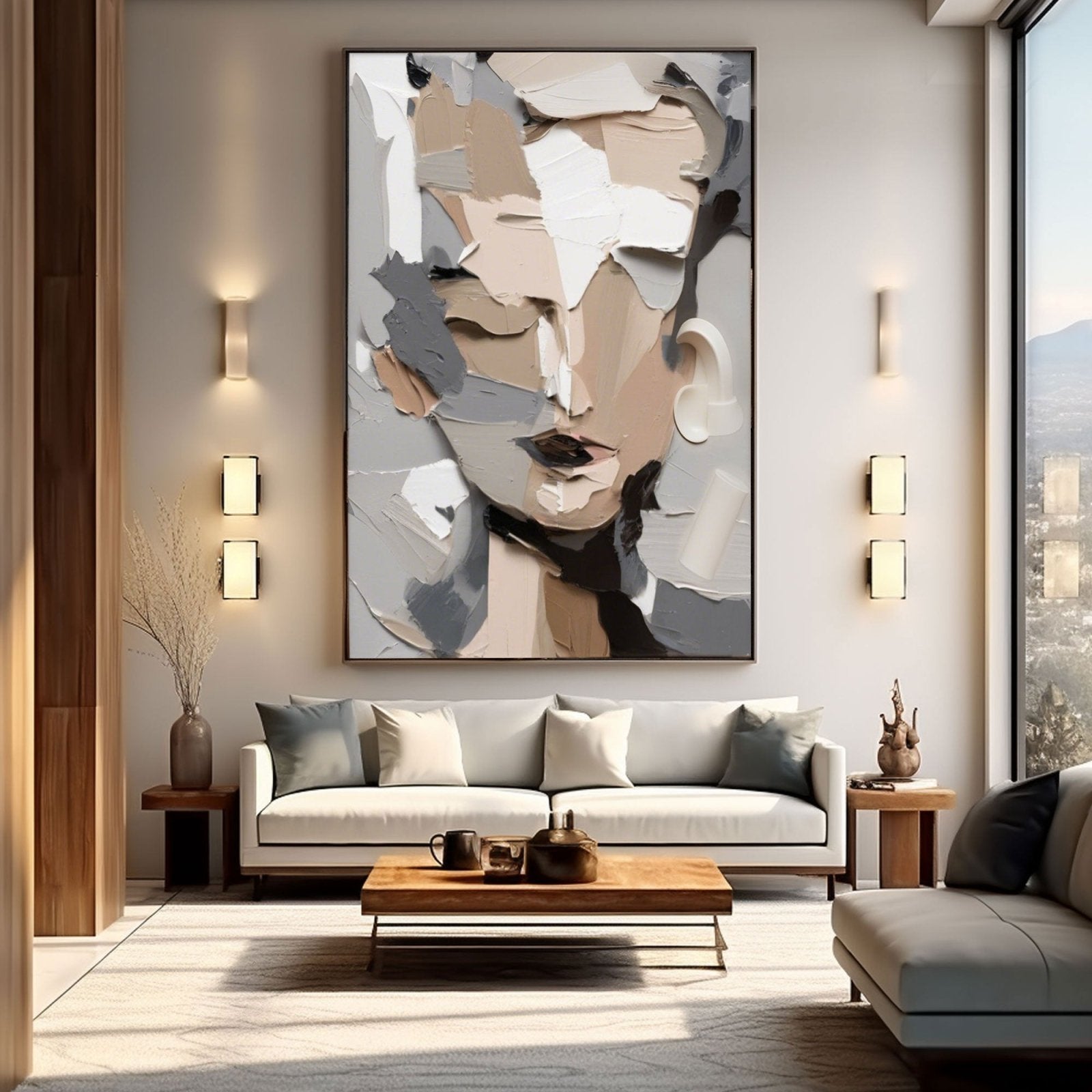 Grey and Beige Abstract Face Art | Neutral Modern Canvas #AA 452