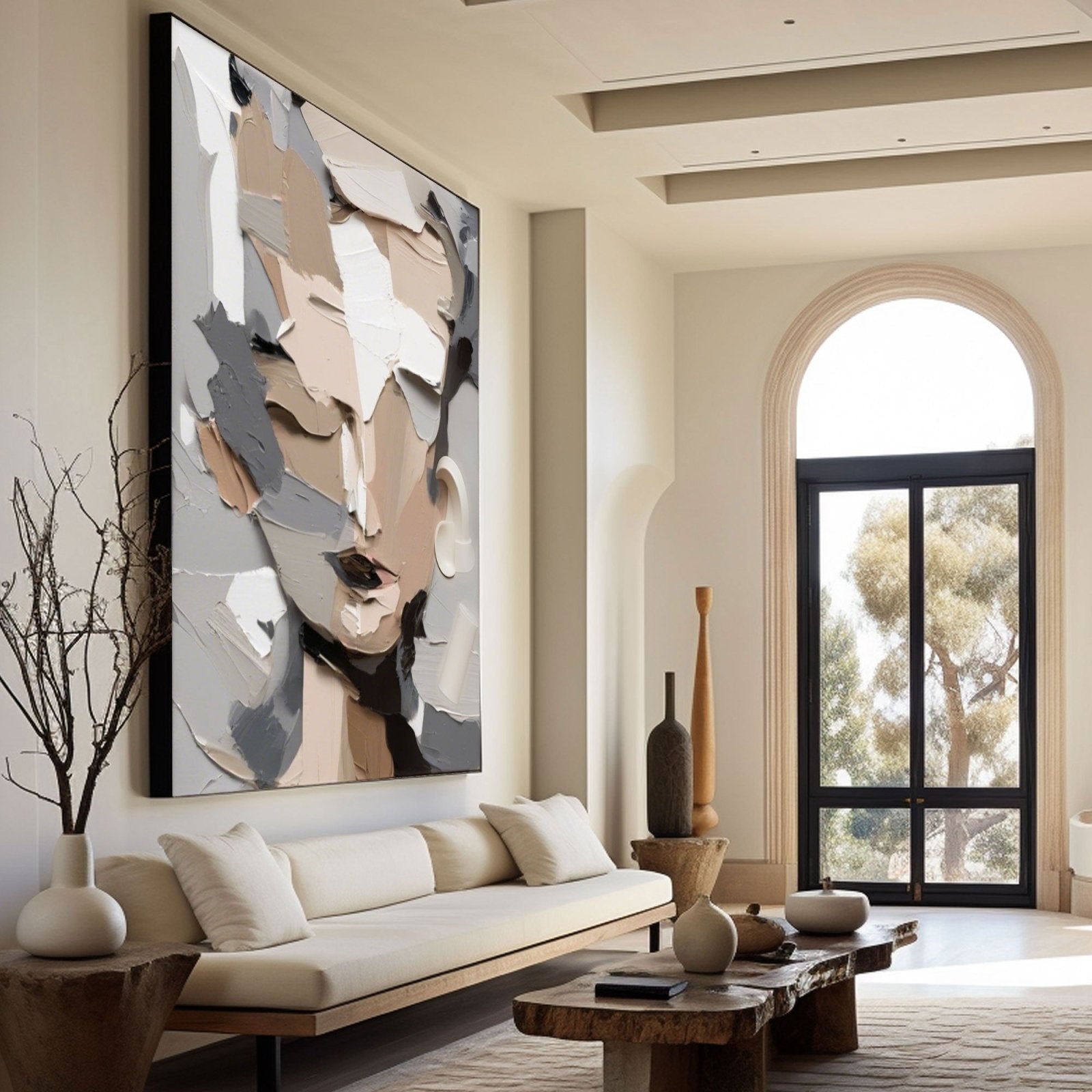 Grey and Beige Abstract Face Art | Neutral Modern Canvas #AA 452