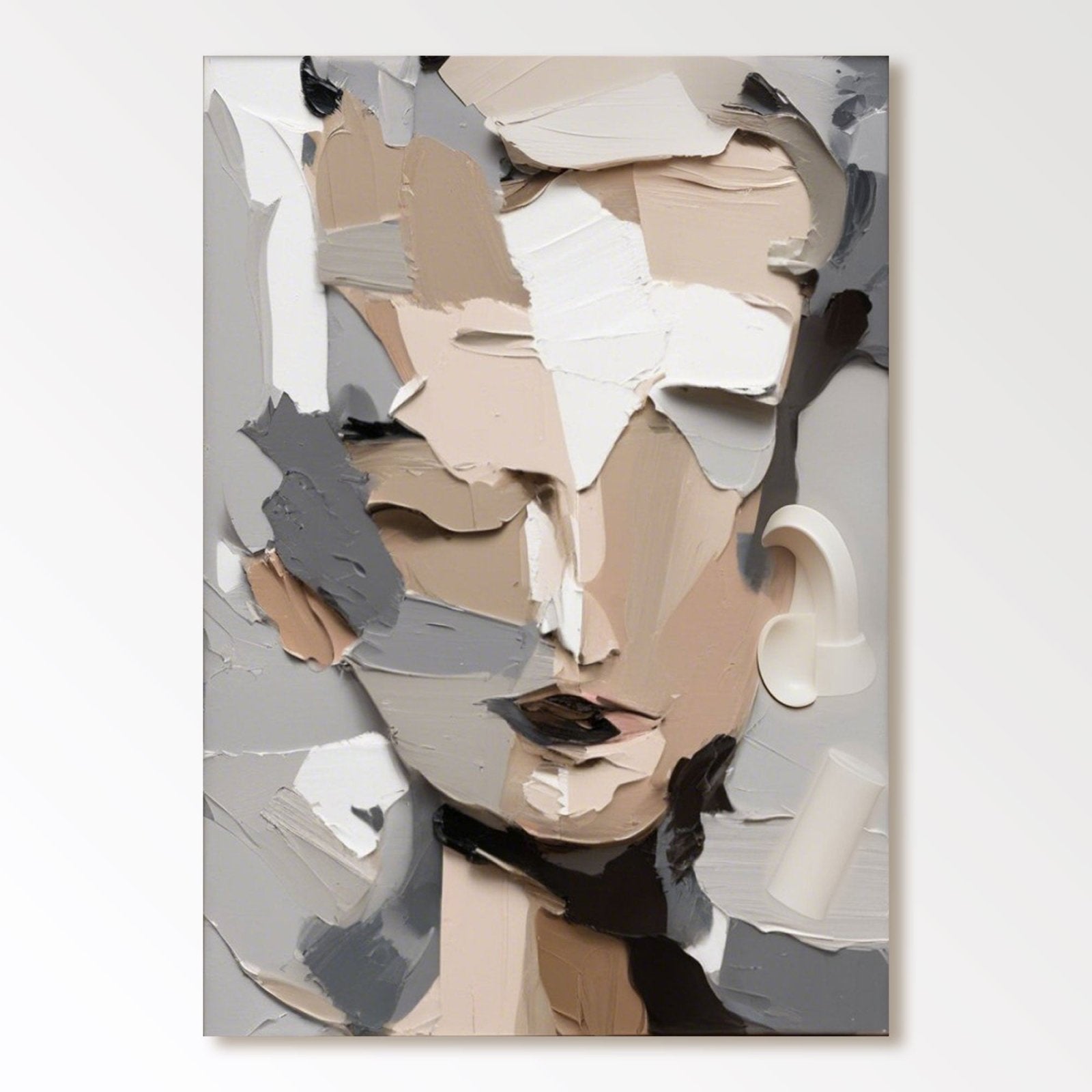 Grey and Beige Abstract Face Art | Neutral Modern Canvas #AA 452