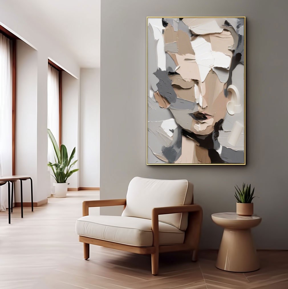 Grey and Beige Abstract Face Art | Neutral Modern Canvas #AA 452