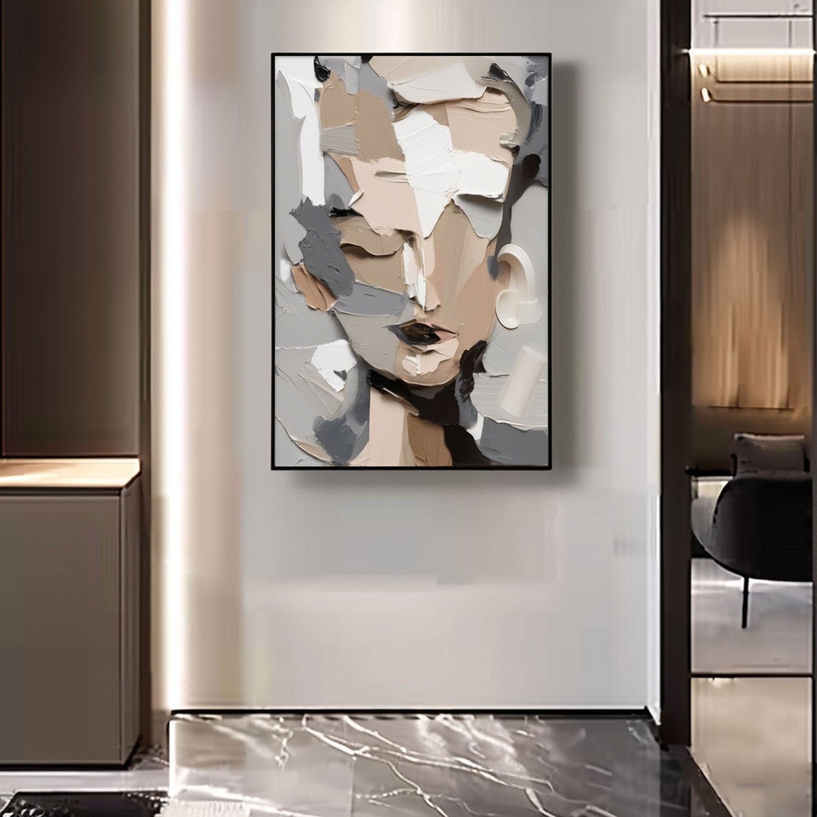 Grey and Beige Abstract Face Art | Neutral Modern Canvas #AA 452