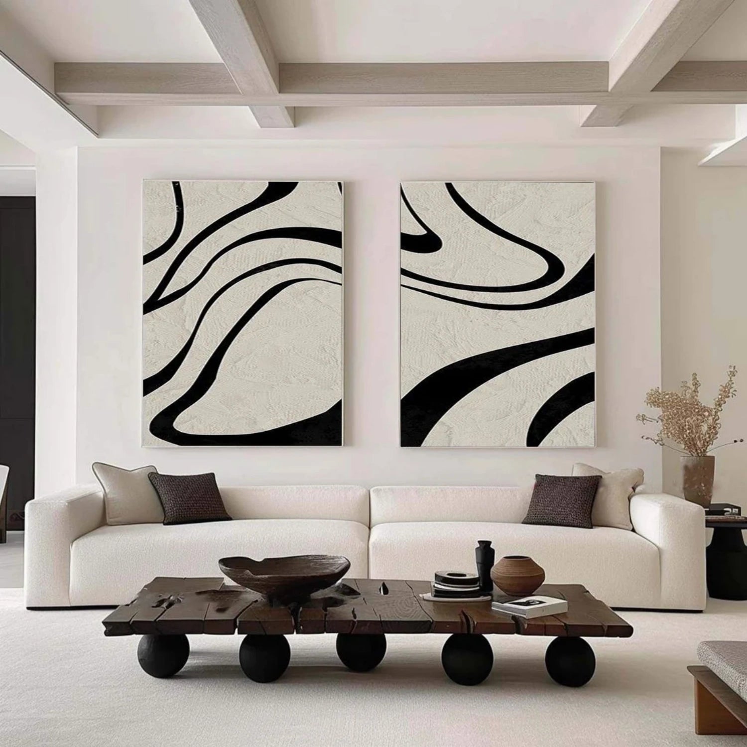 Bold Black Lines on Beige, Modern Art for Walls Set of 2 #TB 119