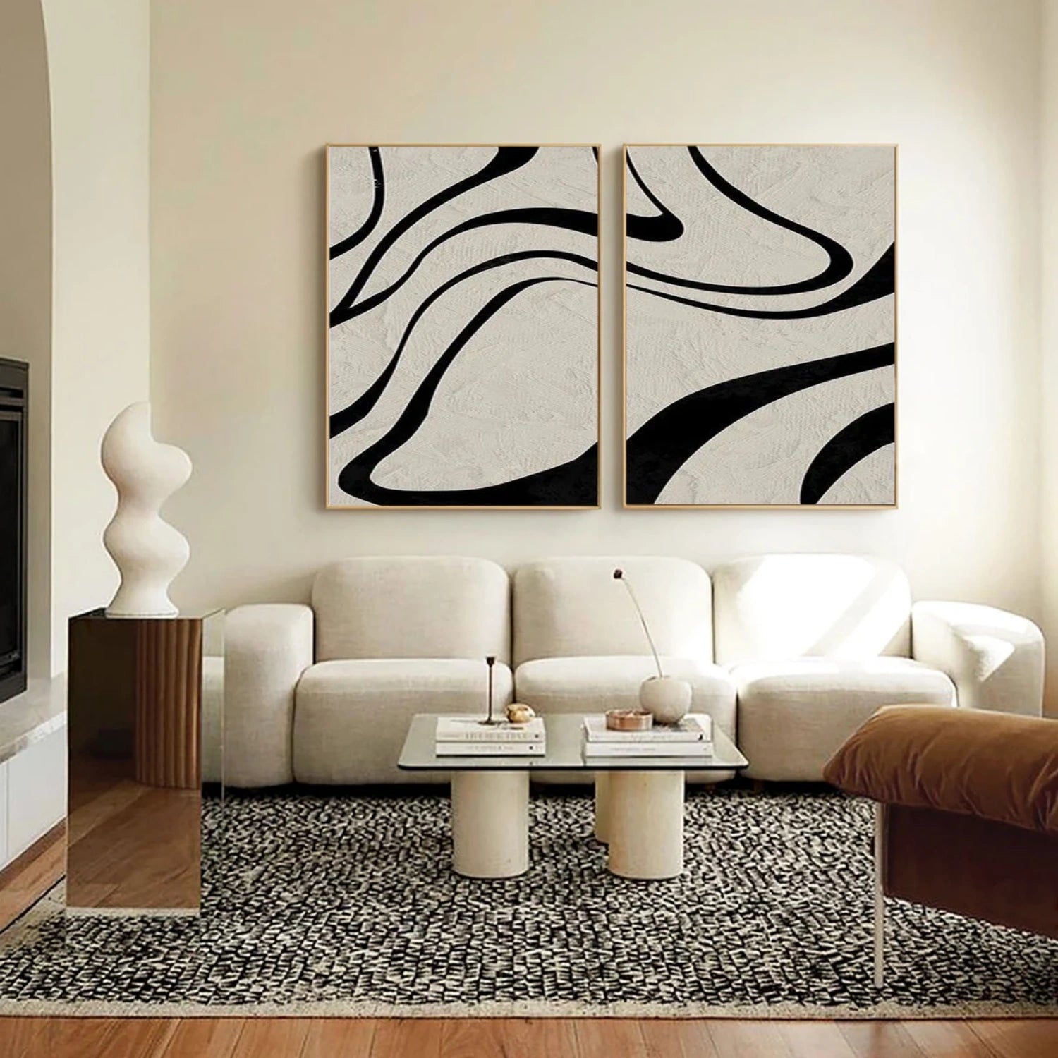 Bold Black Lines on Beige, Modern Art for Walls Set of 2 #TB 119